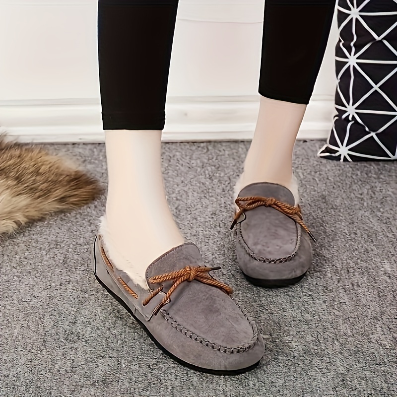 womens solid color fluffy loafers slip on soft sole flat winter warm shoes casual plush non slip shoes details 3