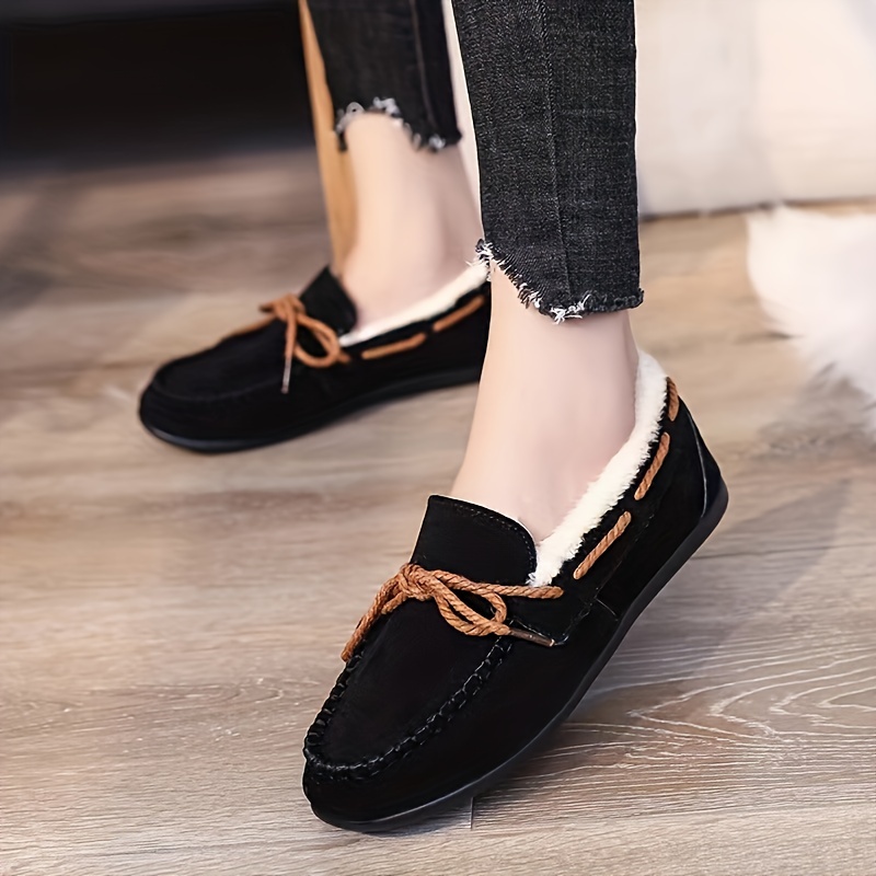 womens solid color fluffy loafers slip on soft sole flat winter warm shoes casual plush non slip shoes details 7