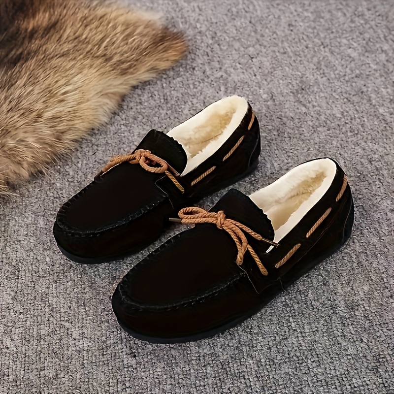 womens solid color fluffy loafers slip on soft sole flat winter warm shoes casual plush non slip shoes details 9