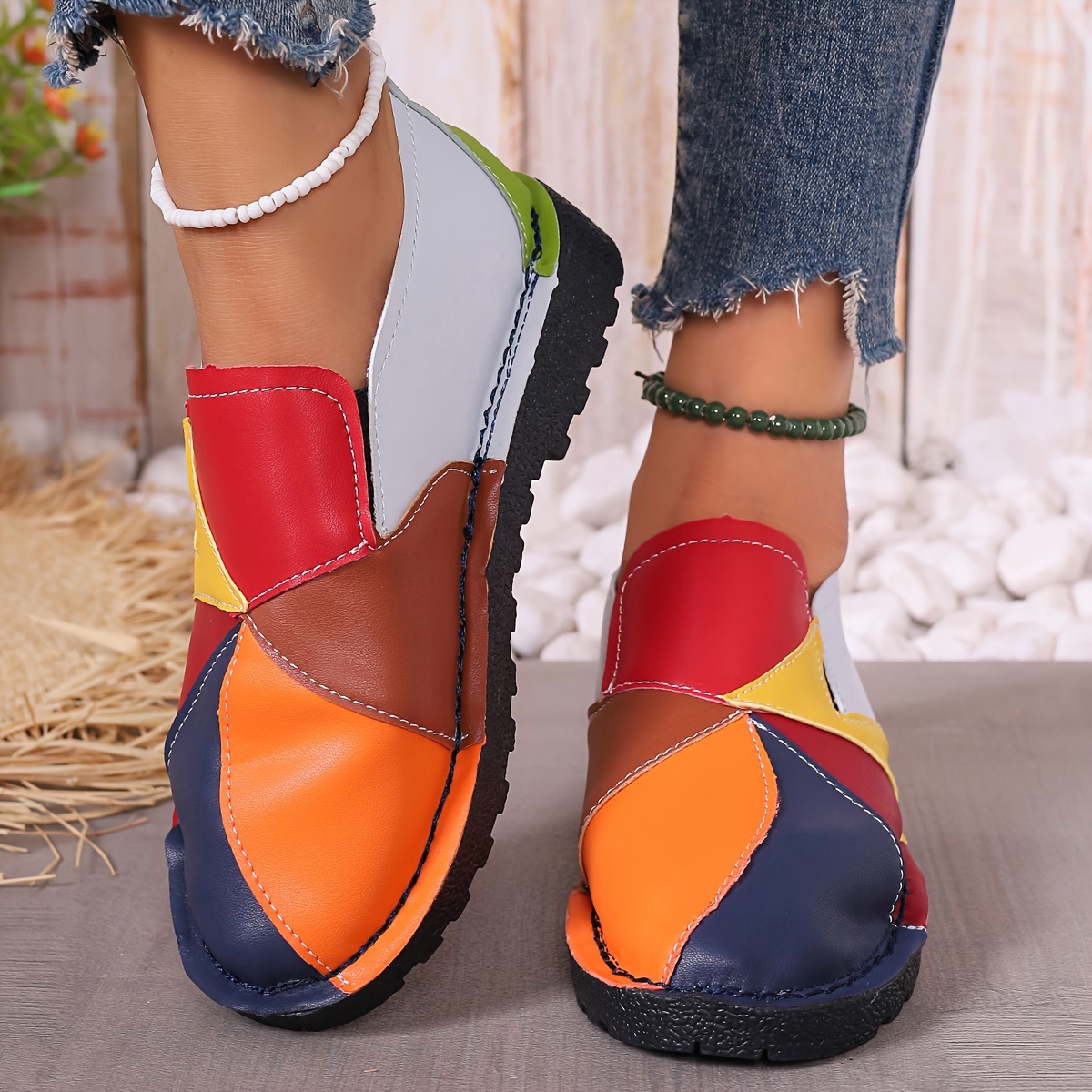 womens colorblock flat shoes casual slip on low top shoes lightweight comfortable shoes details 1