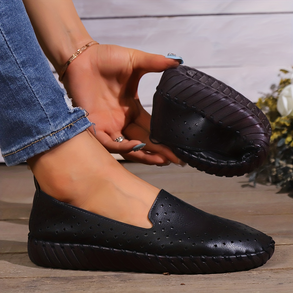 womens perforated flat shoes solid color soft sole slip on shoes breathable faux leather loafers details 2