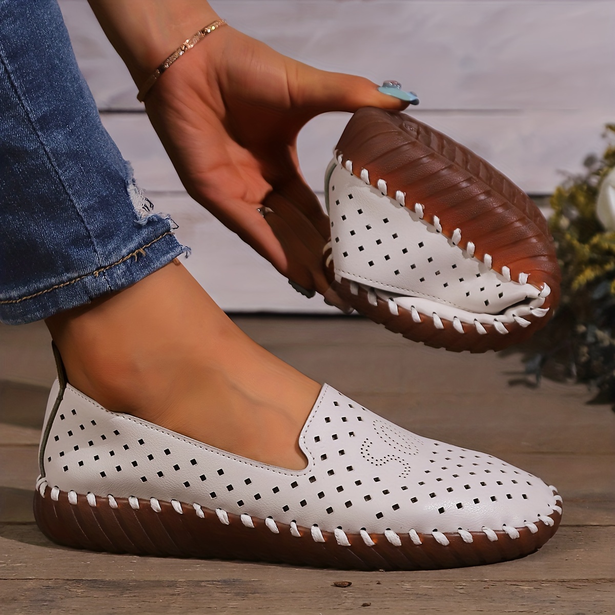 womens perforated flat shoes solid color soft sole slip on shoes breathable faux leather loafers details 6