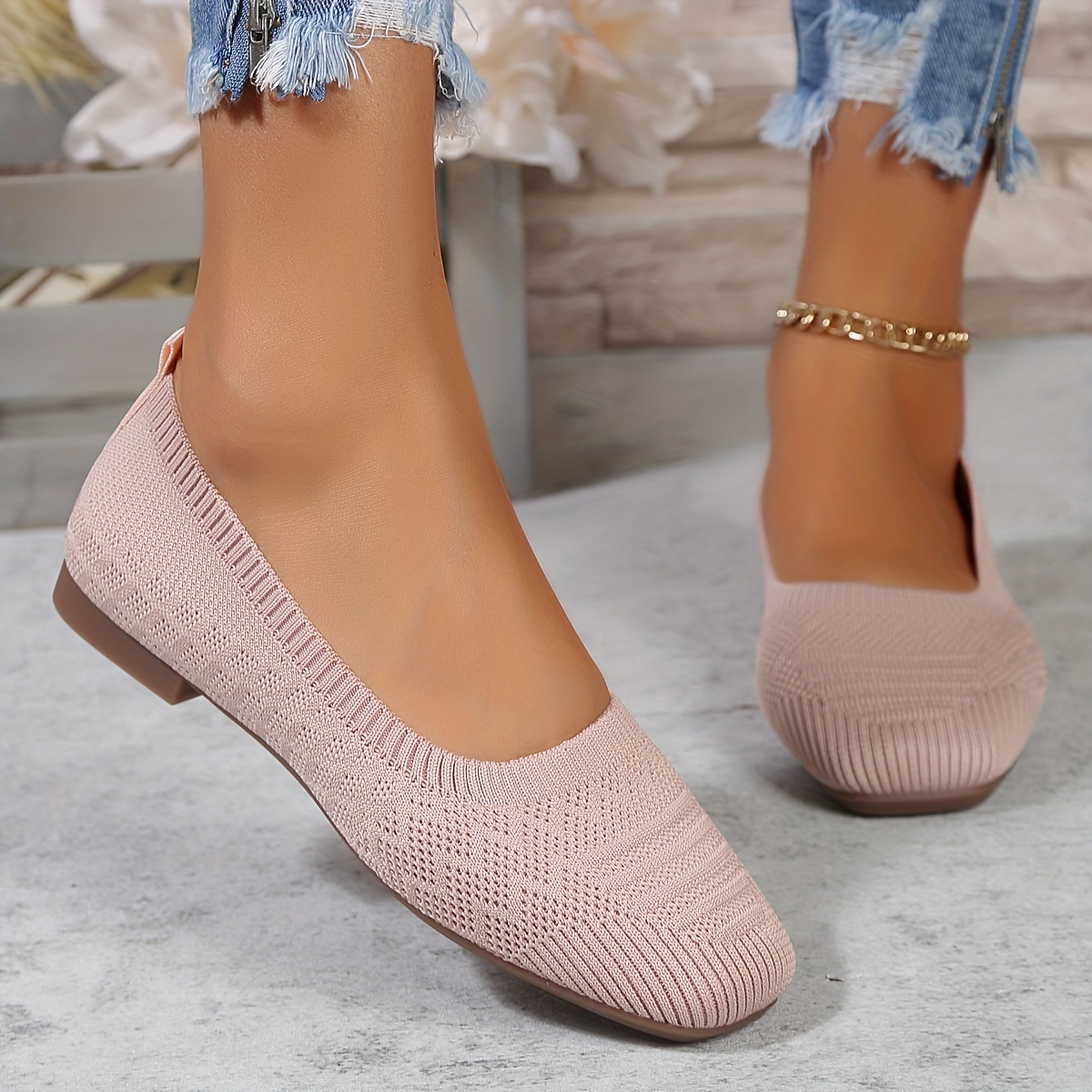 womens breathable knit flat shoes casual square toe slip on shoes lightweight comfortable shoes details 3