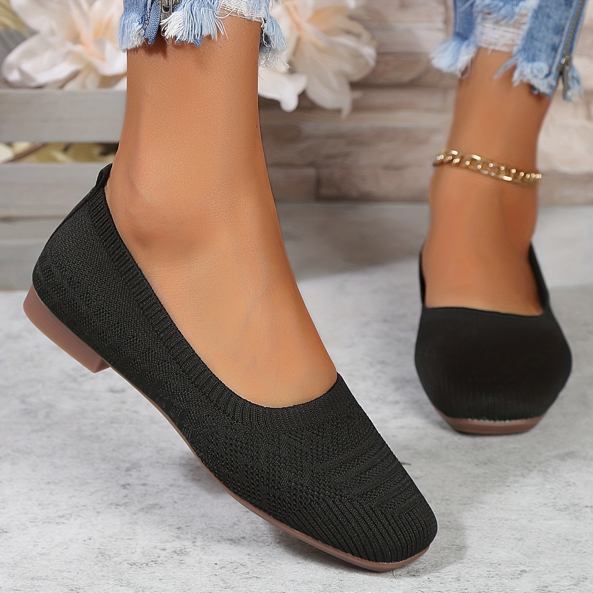 womens breathable knit flat shoes casual square toe slip on shoes lightweight comfortable shoes details 5