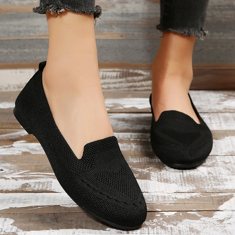 womens black slip on flats breathable knitted round toe non slip shoes casual lightweight walking shoes details 1