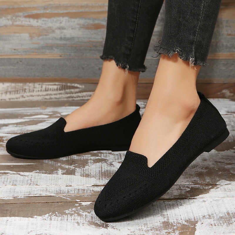 womens black slip on flats breathable knitted round toe non slip shoes casual lightweight walking shoes details 5