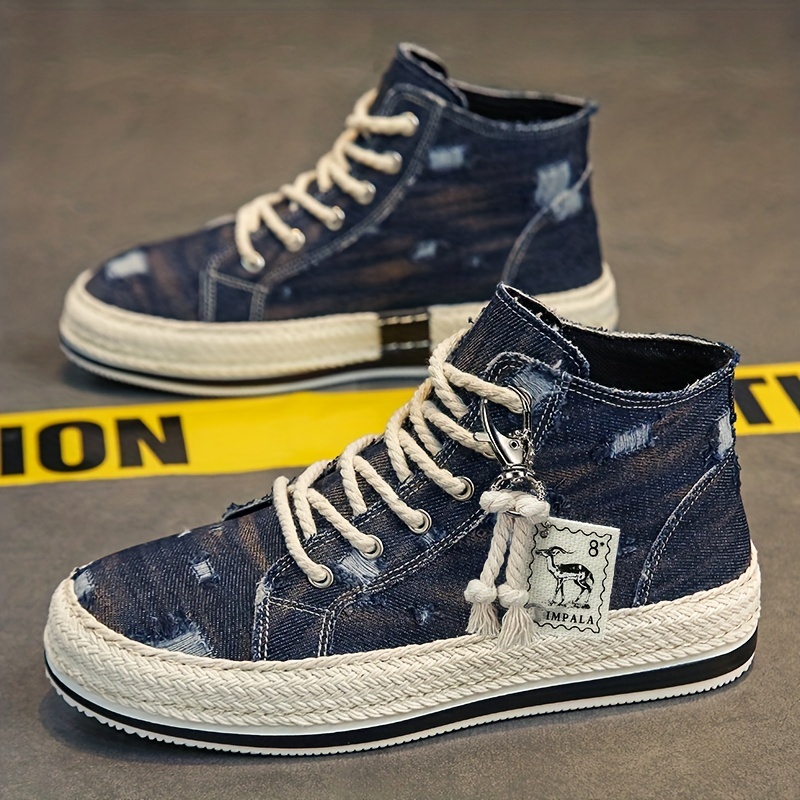 mens distressed denim high top skate shoes with good grip breathable lace up sneakers mens footwear espadrilles inspired look details 0