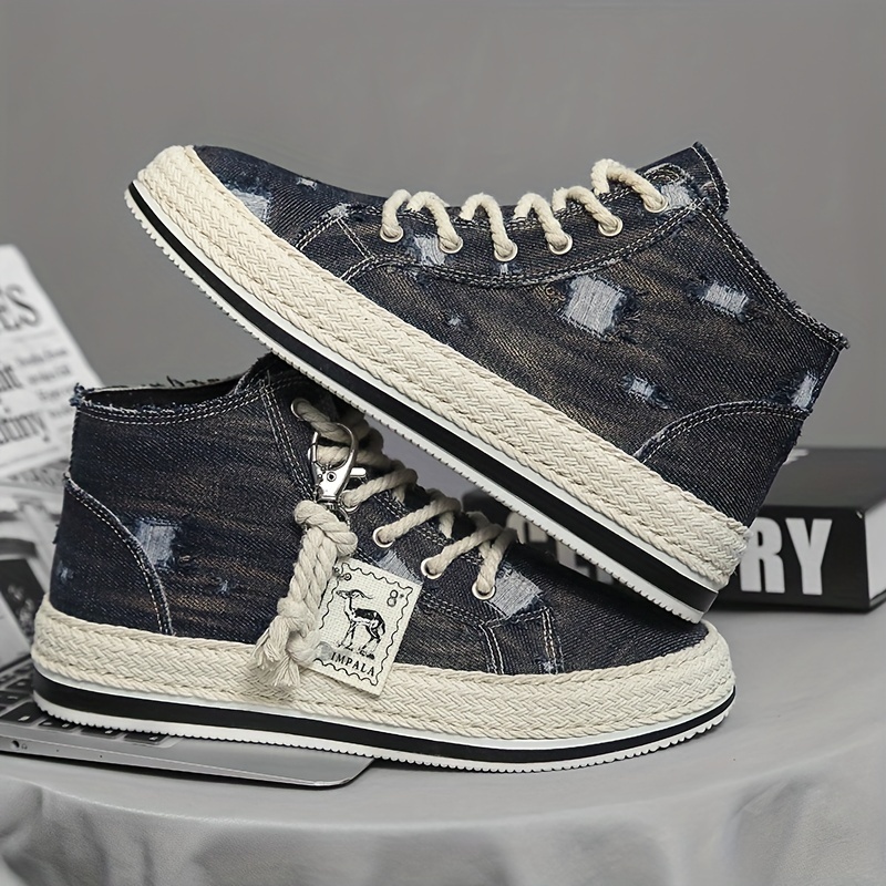 mens distressed denim high top skate shoes with good grip breathable lace up sneakers mens footwear espadrilles inspired look details 3