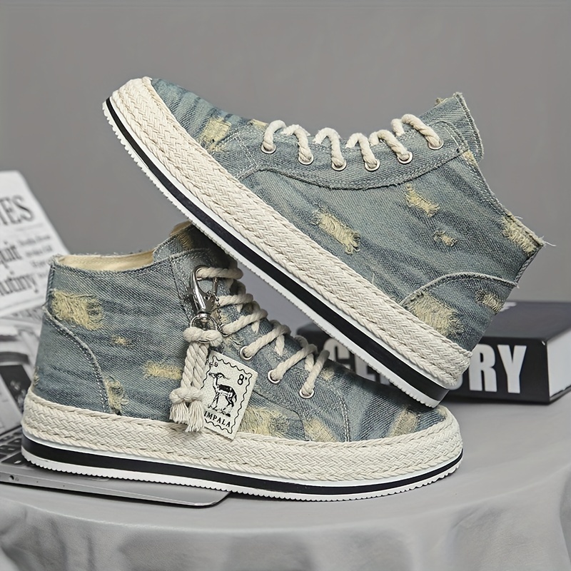 mens distressed denim high top skate shoes with good grip breathable lace up sneakers mens footwear espadrilles inspired look details 4