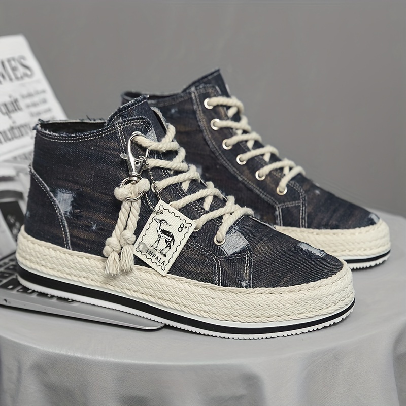 mens distressed denim high top skate shoes with good grip breathable lace up sneakers mens footwear espadrilles inspired look details 6