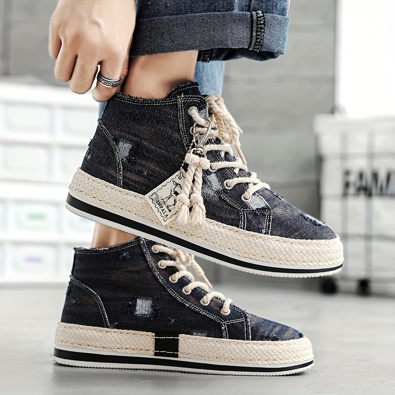 mens distressed denim high top skate shoes with good grip breathable lace up sneakers mens footwear espadrilles inspired look details 9