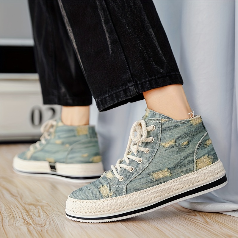 mens distressed denim high top skate shoes with good grip breathable lace up sneakers mens footwear espadrilles inspired look details 10