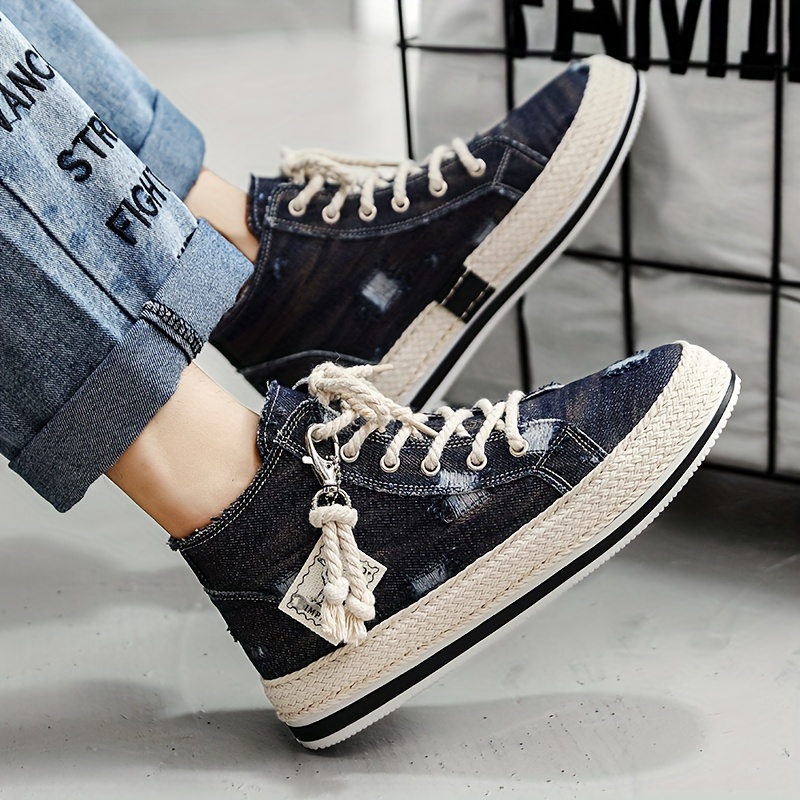 mens distressed denim high top skate shoes with good grip breathable lace up sneakers mens footwear espadrilles inspired look details 11