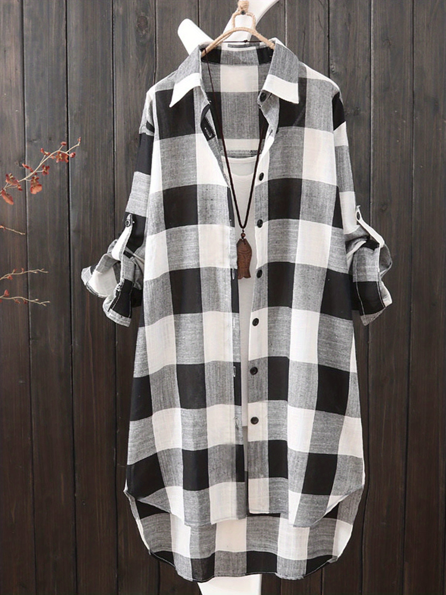 plaid print dipped hem shirt casual mid length button front turn down collar long sleeve shirt womens clothing details 0