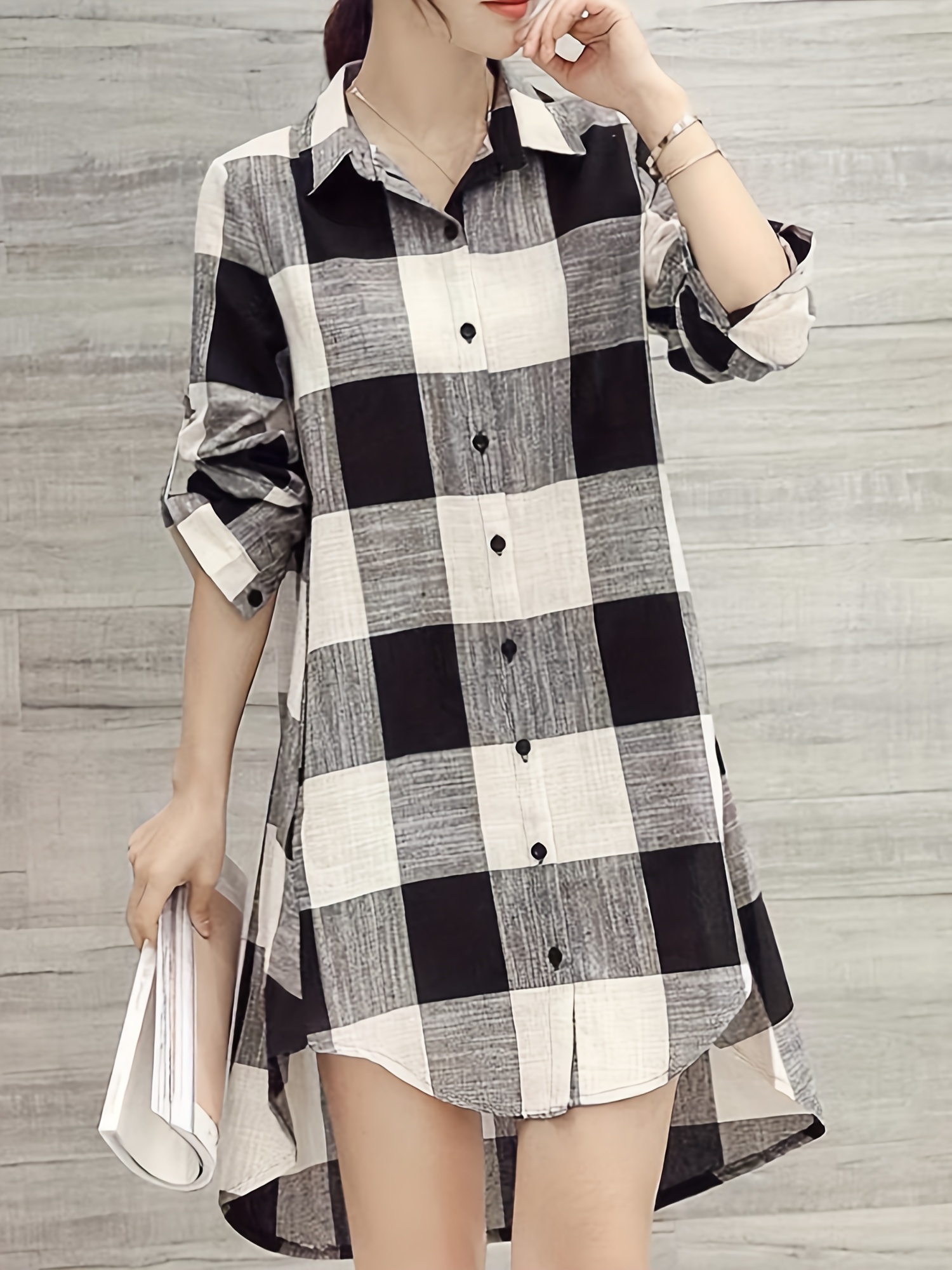 plaid print dipped hem shirt casual mid length button front turn down collar long sleeve shirt womens clothing details 1