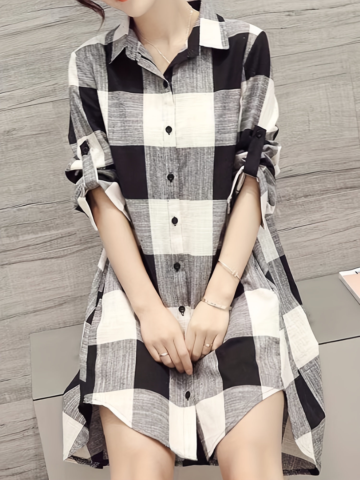 plaid print dipped hem shirt casual mid length button front turn down collar long sleeve shirt womens clothing details 2