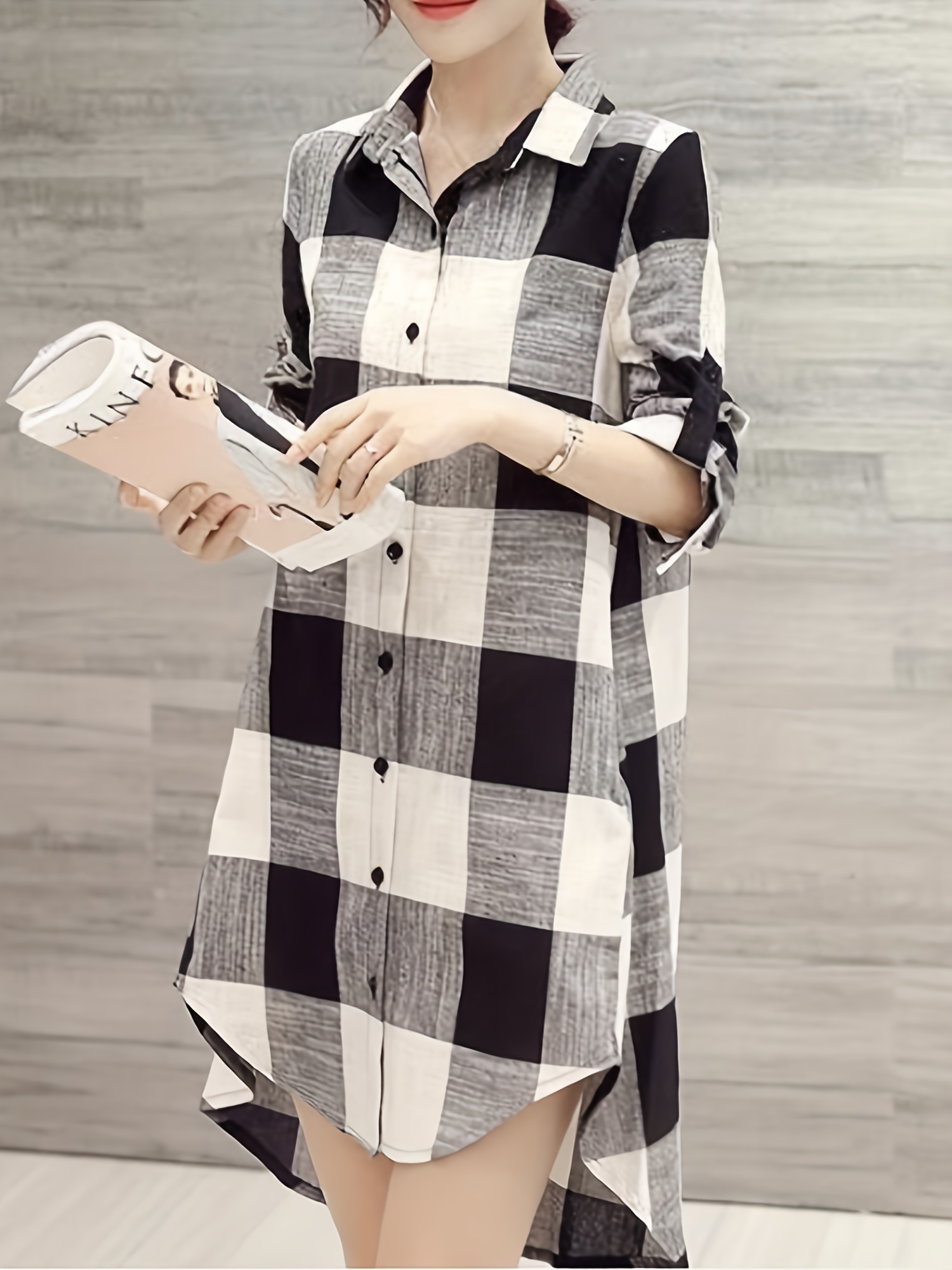 plaid print dipped hem shirt casual mid length button front turn down collar long sleeve shirt womens clothing details 3