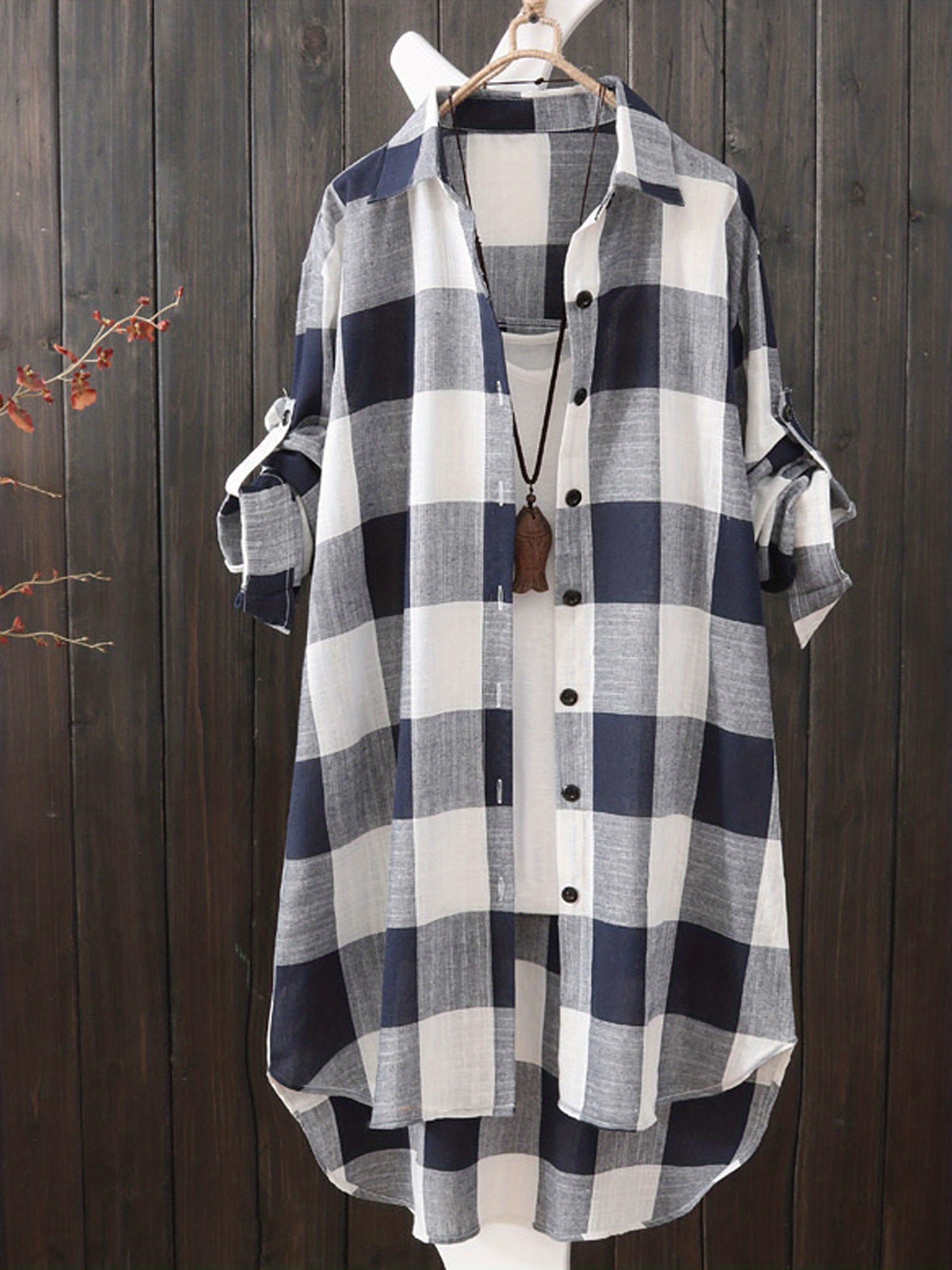 plaid print dipped hem shirt casual mid length button front turn down collar long sleeve shirt womens clothing details 5