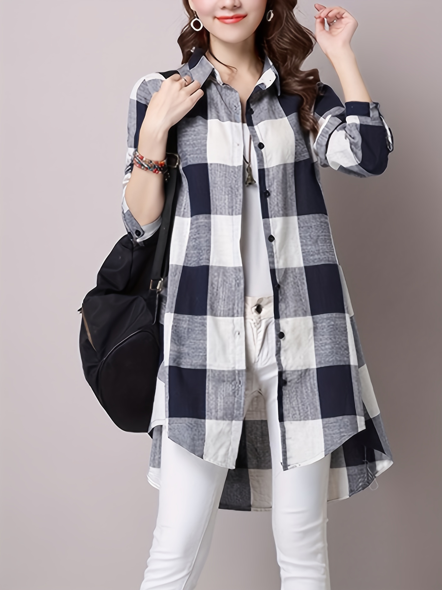 plaid print dipped hem shirt casual mid length button front turn down collar long sleeve shirt womens clothing details 6