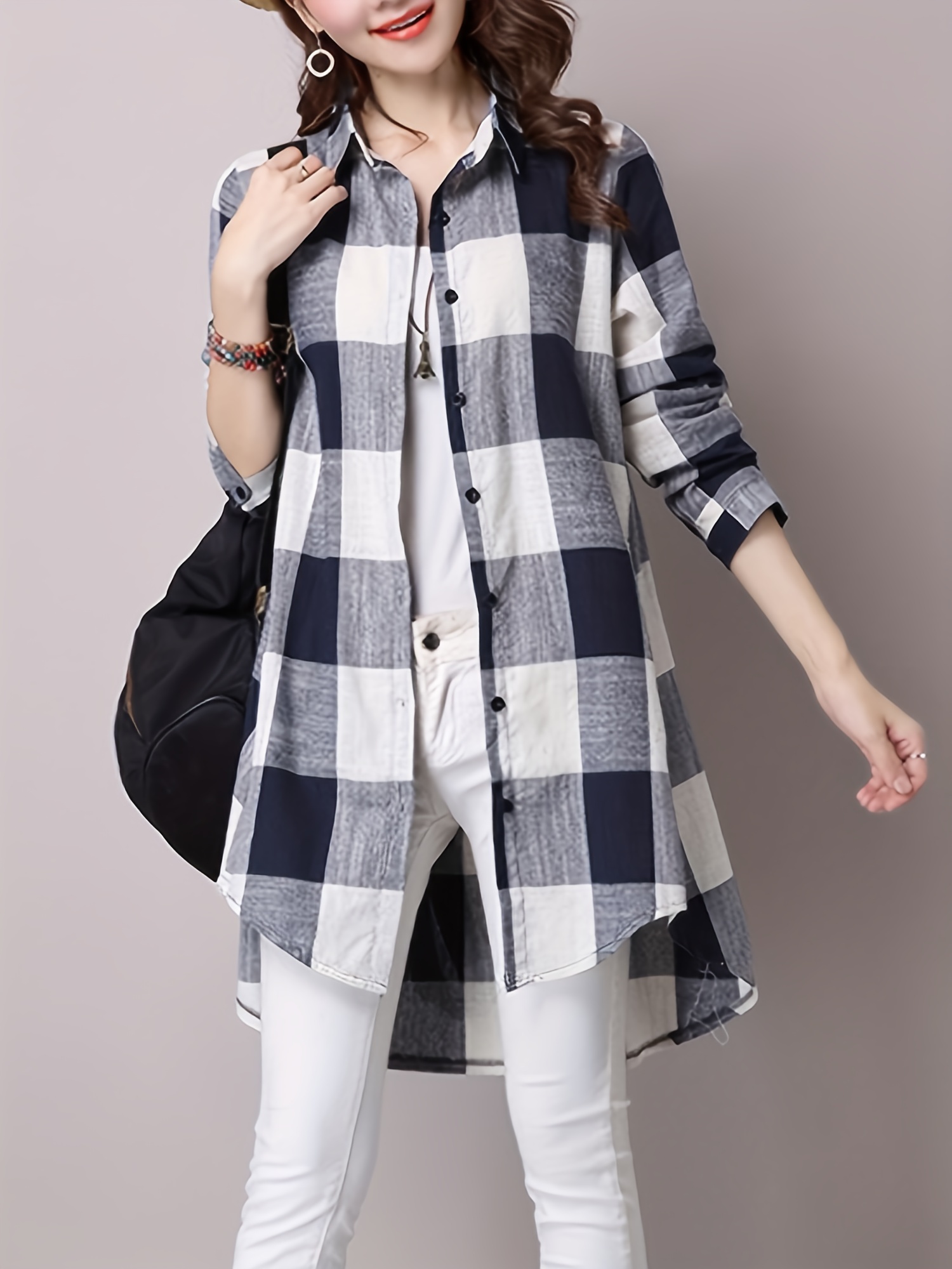 plaid print dipped hem shirt casual mid length button front turn down collar long sleeve shirt womens clothing details 7