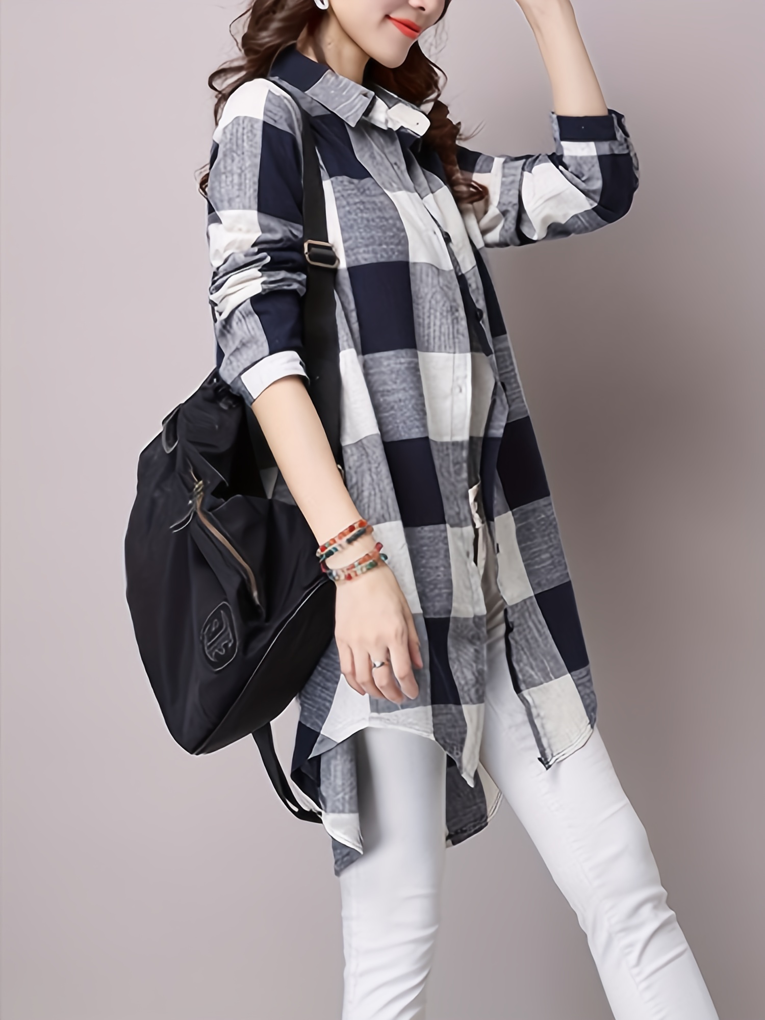 plaid print dipped hem shirt casual mid length button front turn down collar long sleeve shirt womens clothing details 8