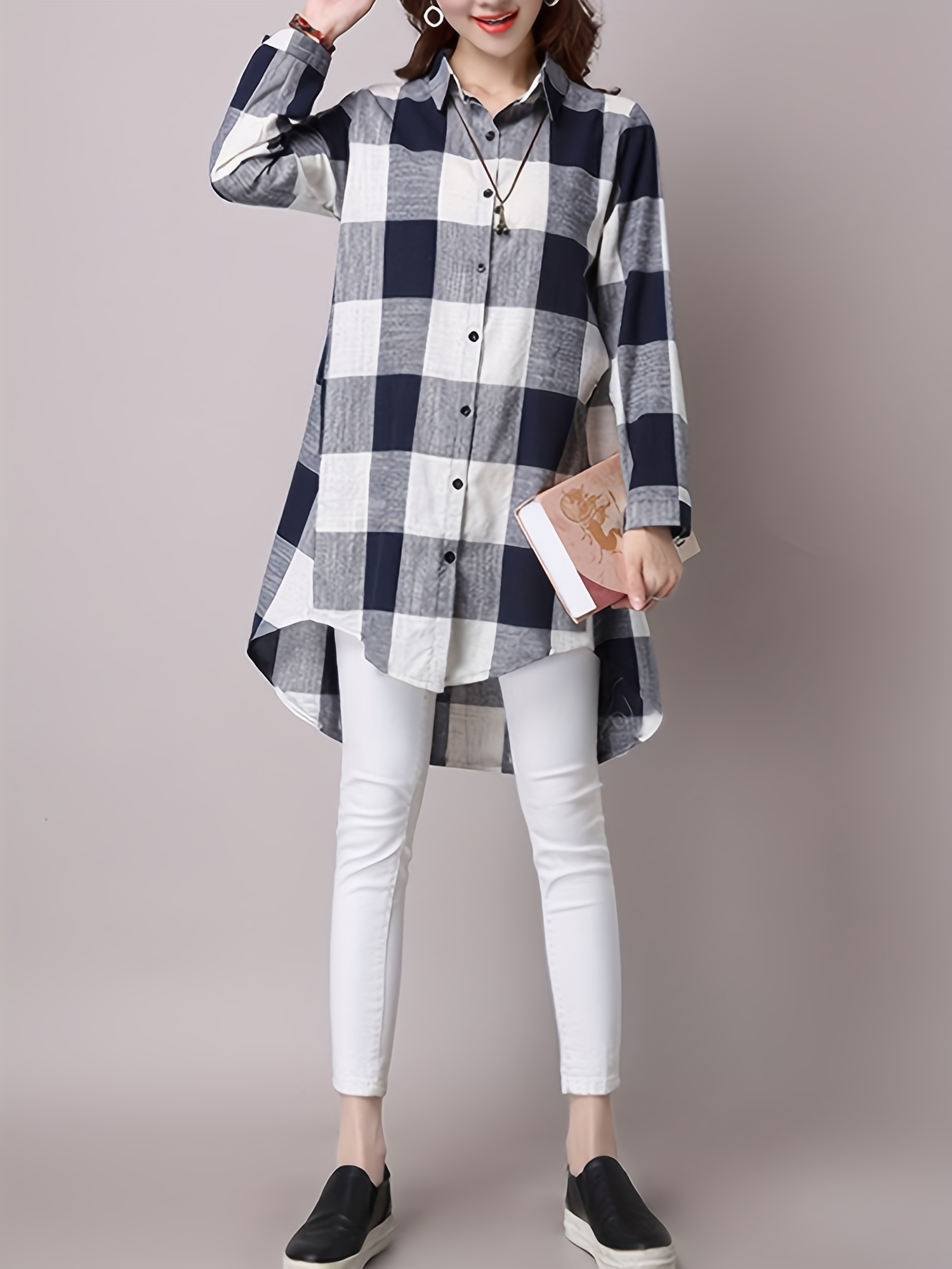 plaid print dipped hem shirt casual mid length button front turn down collar long sleeve shirt womens clothing details 9