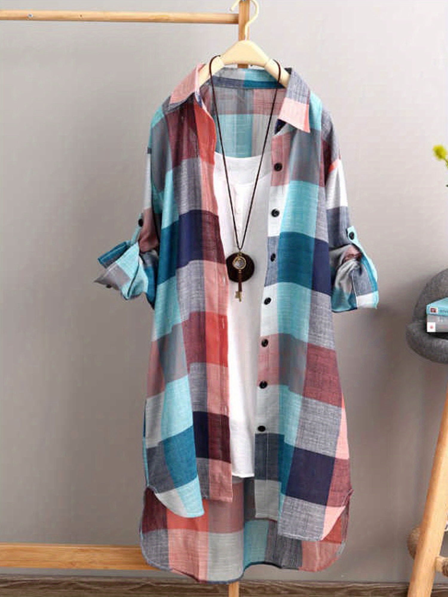 plaid print dipped hem shirt casual mid length button front turn down collar long sleeve shirt womens clothing details 13