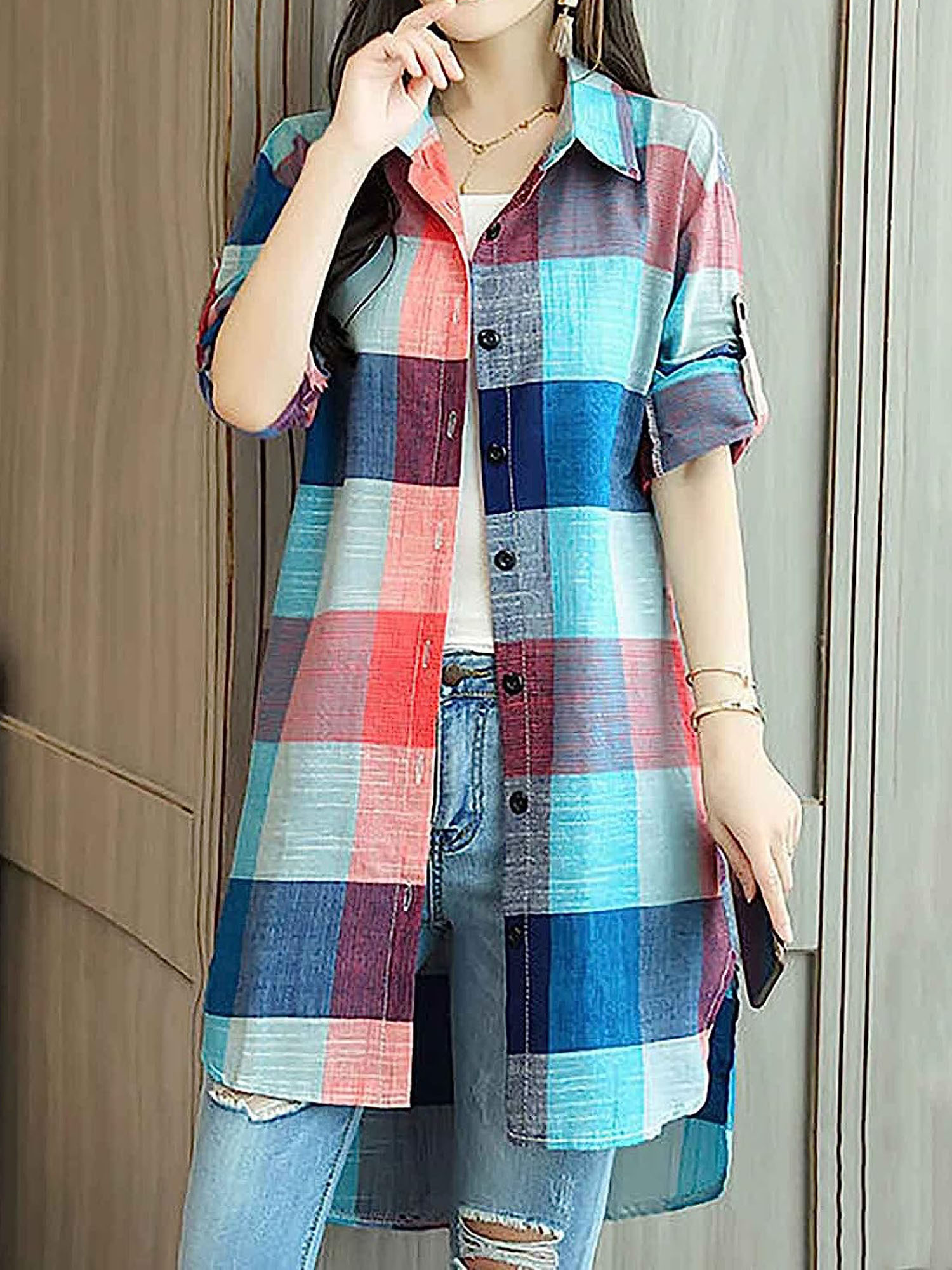 plaid print dipped hem shirt casual mid length button front turn down collar long sleeve shirt womens clothing details 15