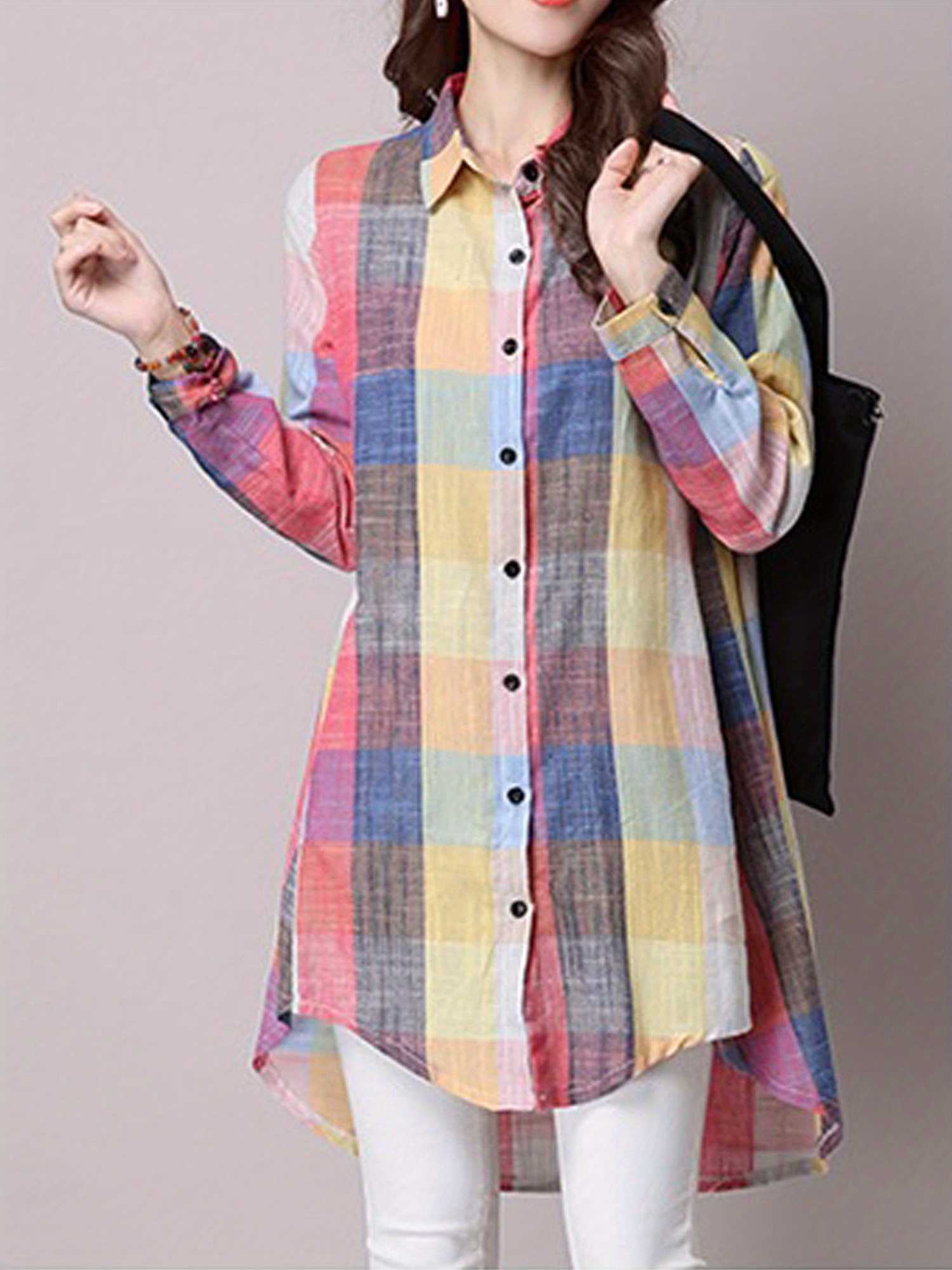 plaid print dipped hem shirt casual mid length button front turn down collar long sleeve shirt womens clothing details 17