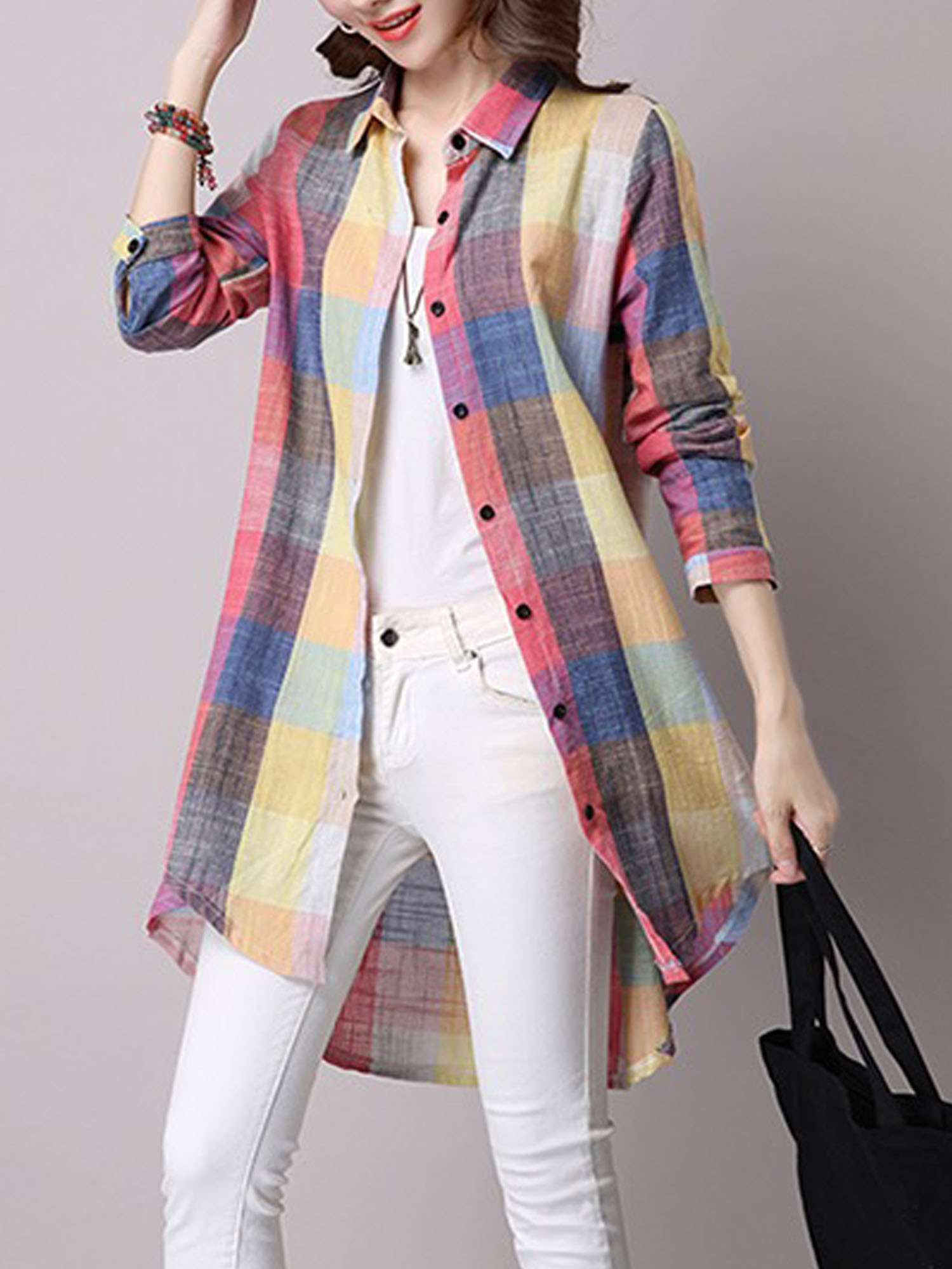 plaid print dipped hem shirt casual mid length button front turn down collar long sleeve shirt womens clothing details 18