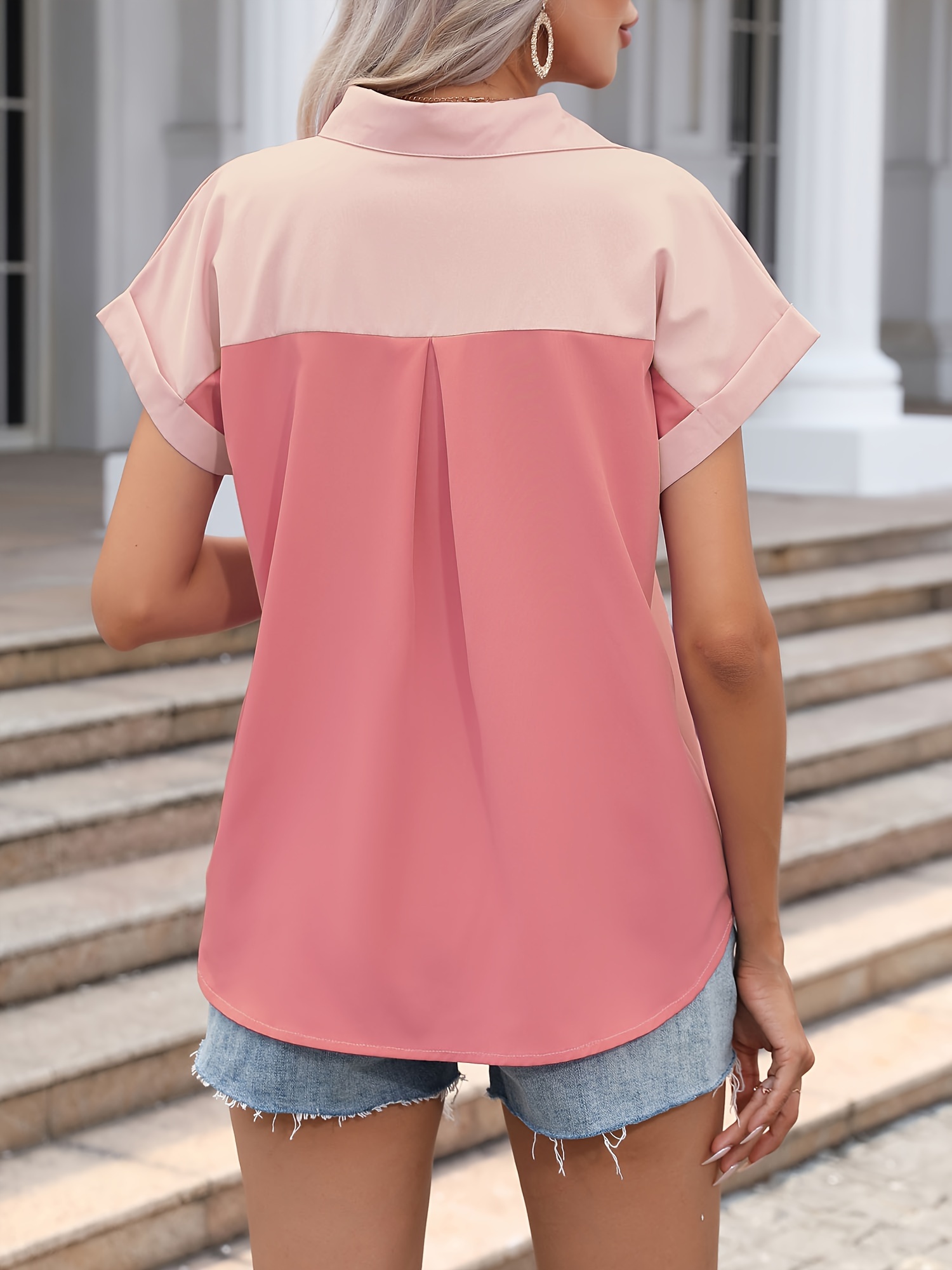 color block button front blouse casual short sleeve blouse with pocket womens clothing details 3