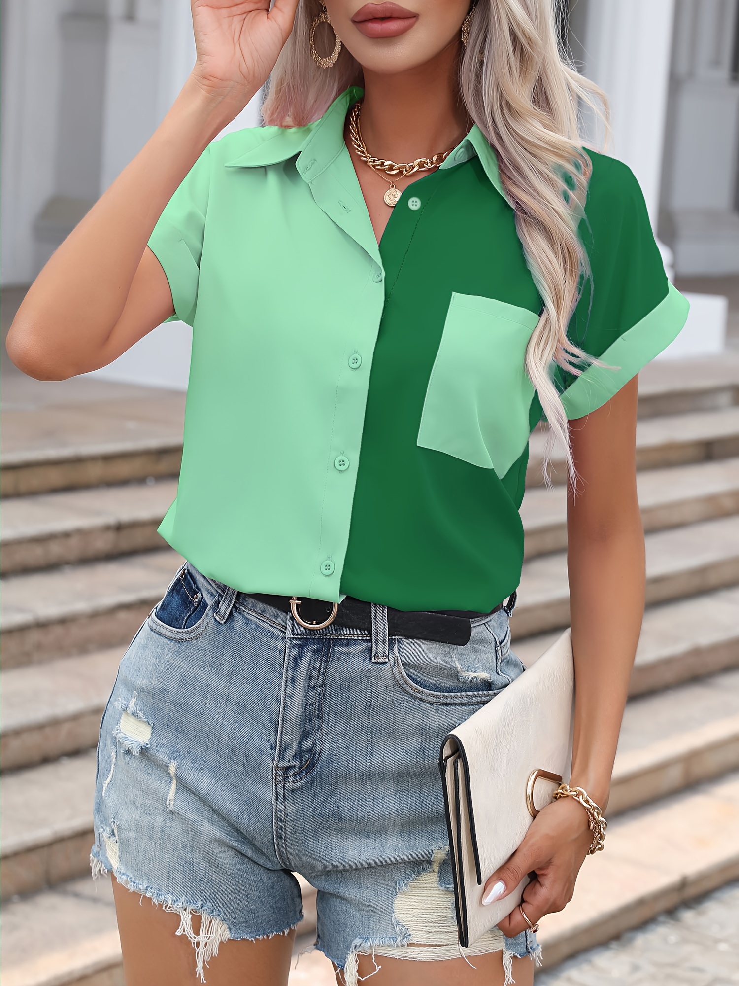 color block button front blouse casual short sleeve blouse with pocket womens clothing details 10