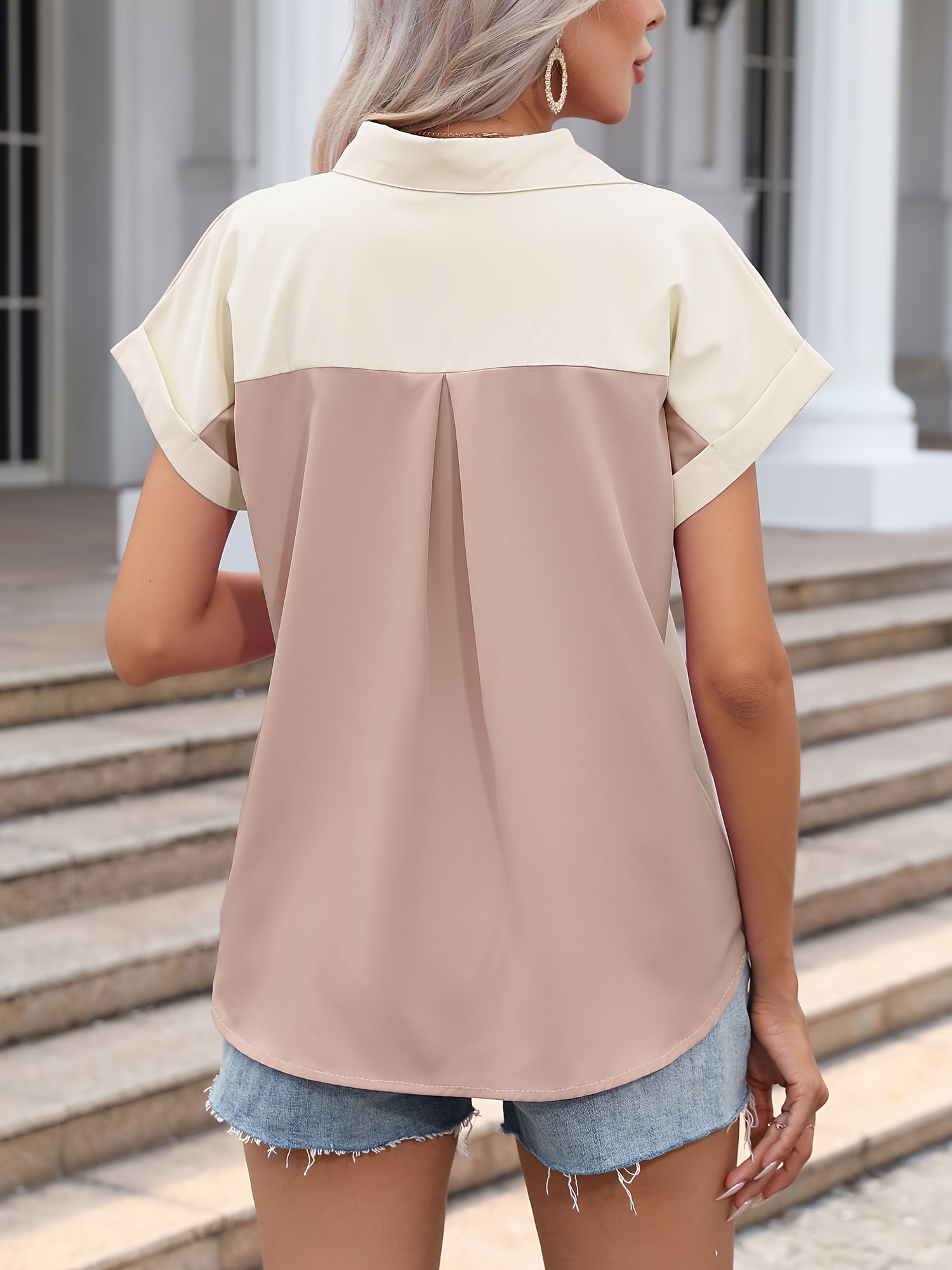 color block button front blouse casual short sleeve blouse with pocket womens clothing details 15