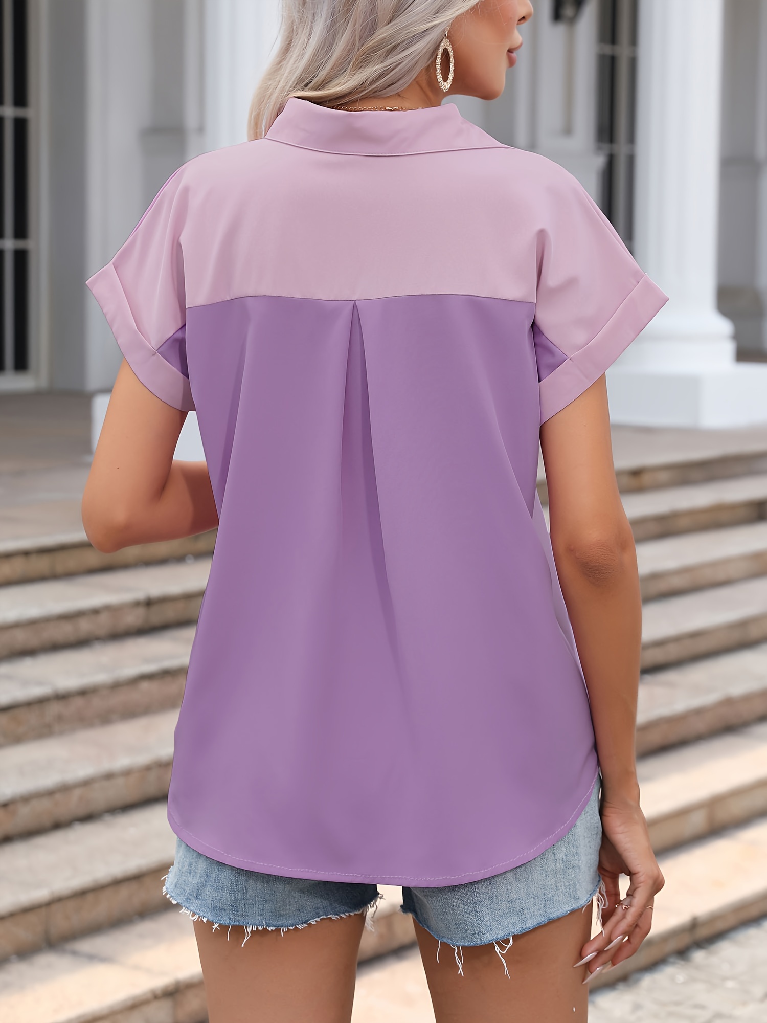 color block button front blouse casual short sleeve blouse with pocket womens clothing details 18