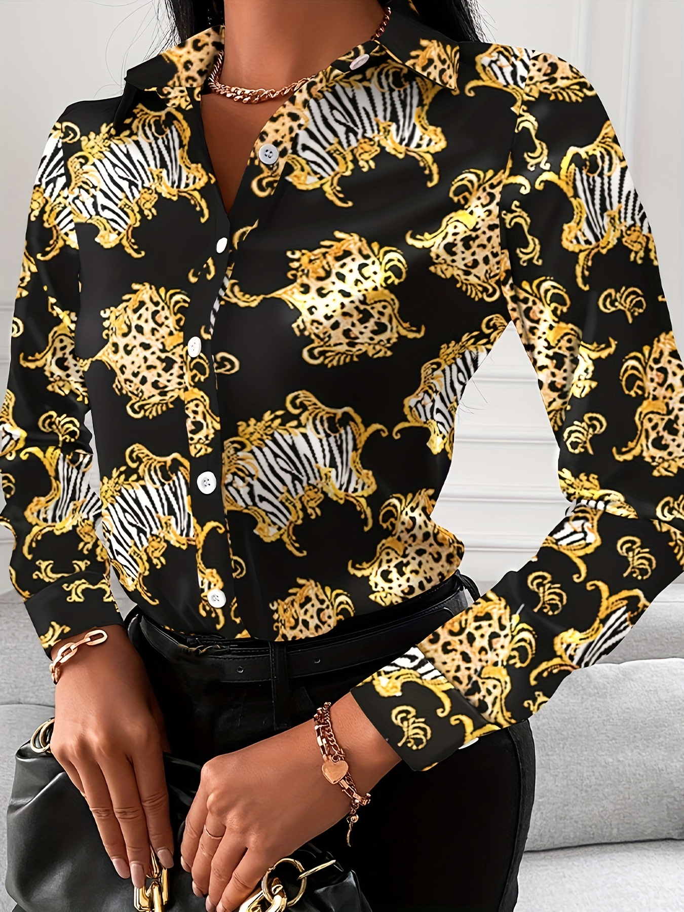 womens blouse v neck print button long sleeve loose fall blouse details 0