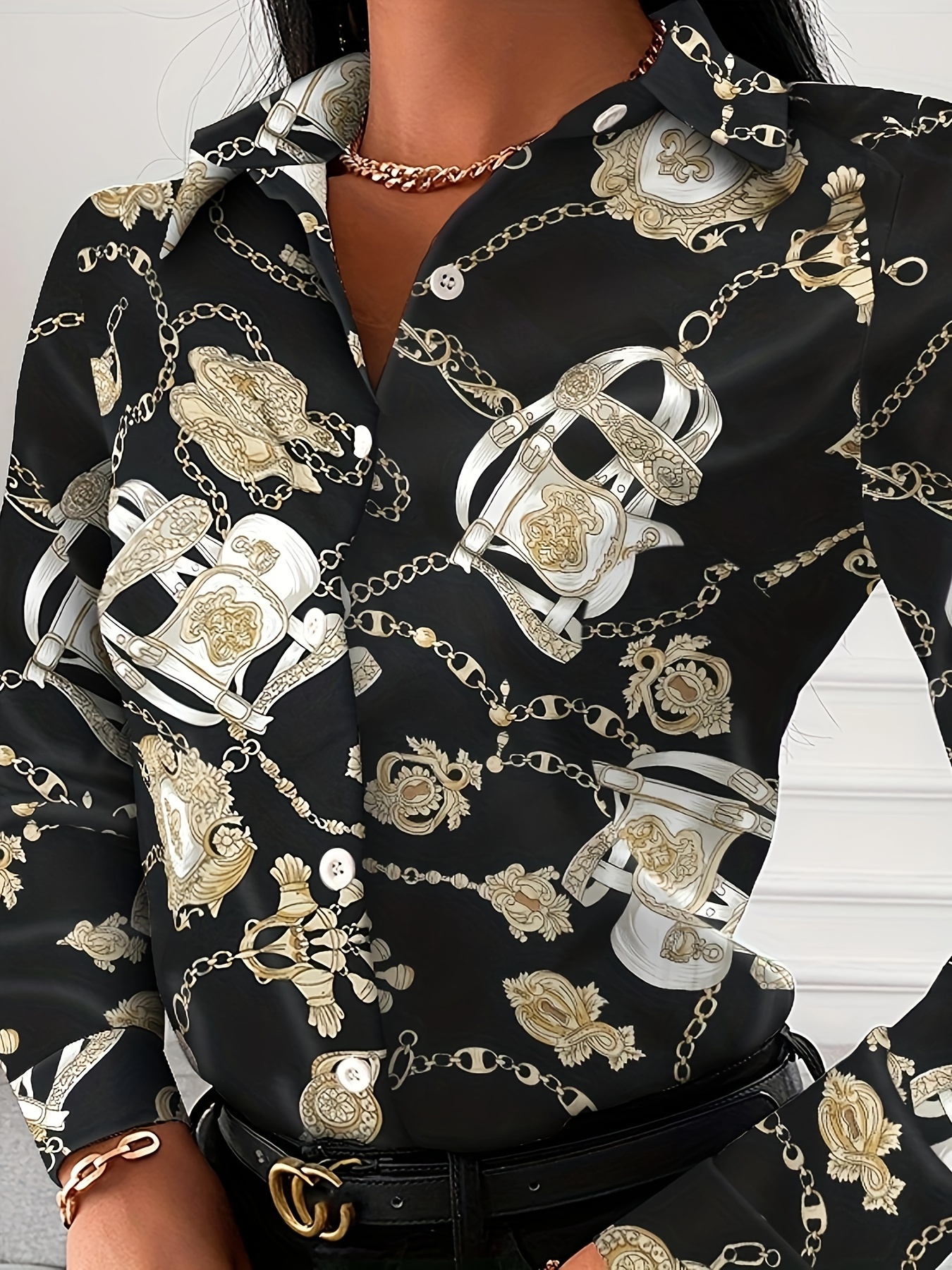 womens blouse v neck print button long sleeve loose fall blouse details 3