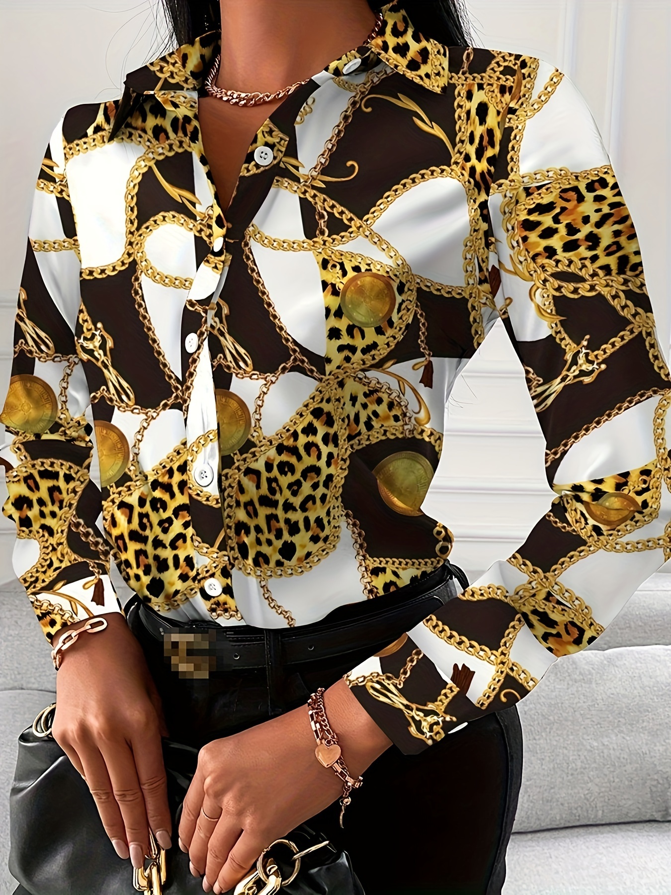 womens blouse v neck print button long sleeve loose fall blouse details 6