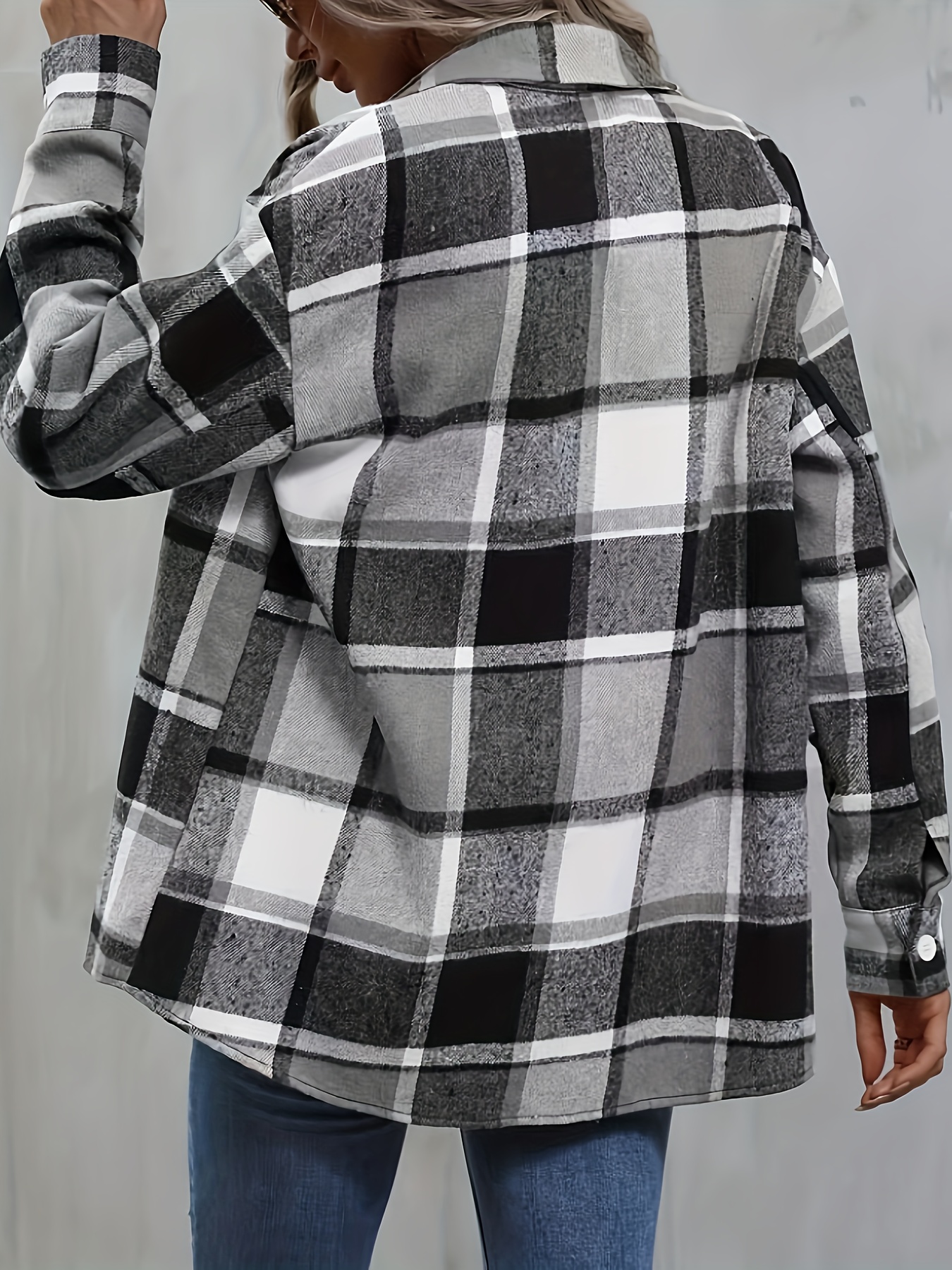 plaid pattern button front shirt casual long sleeve lapel shirt womens clothing details 1