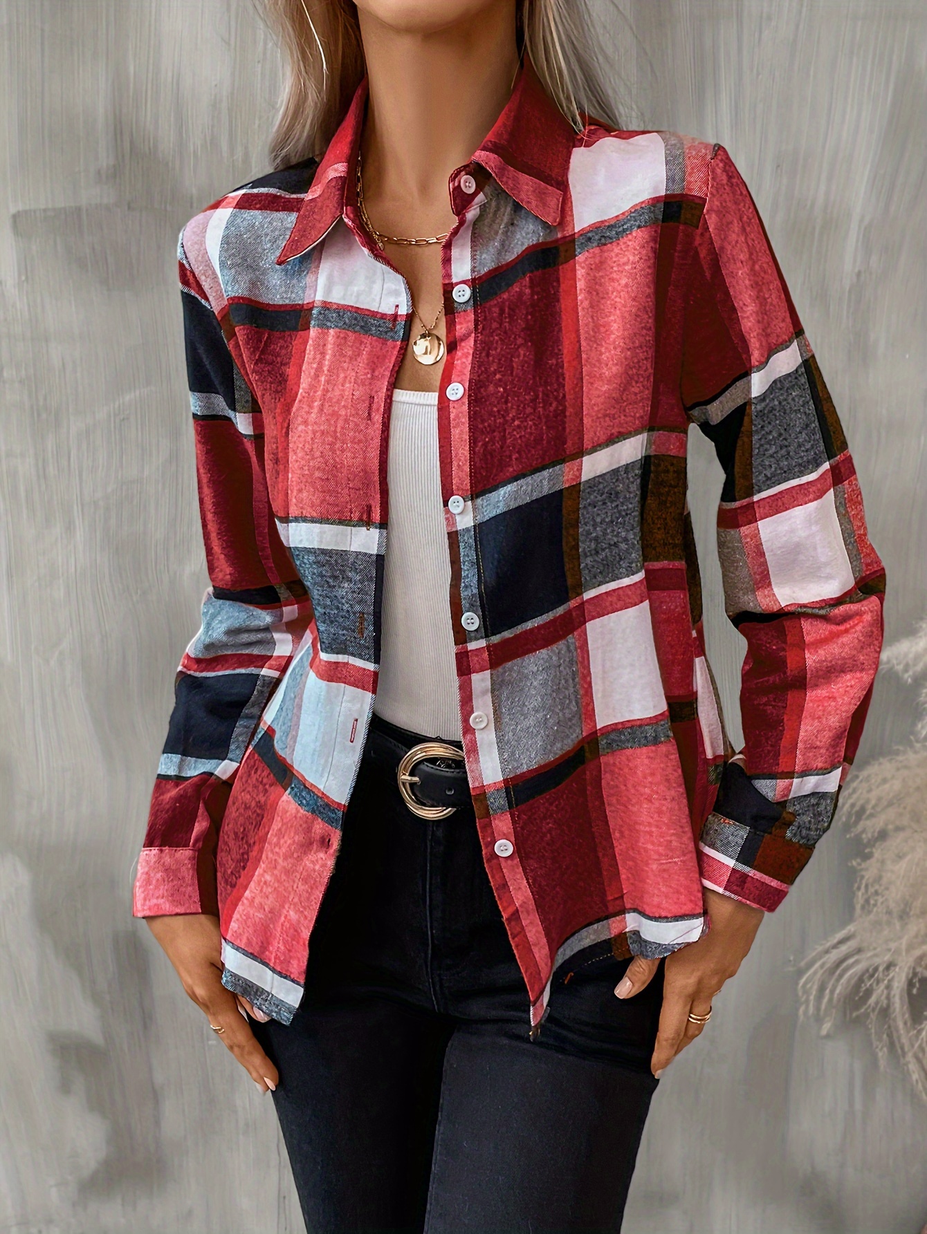 plaid pattern button front shirt casual long sleeve lapel shirt womens clothing details 6