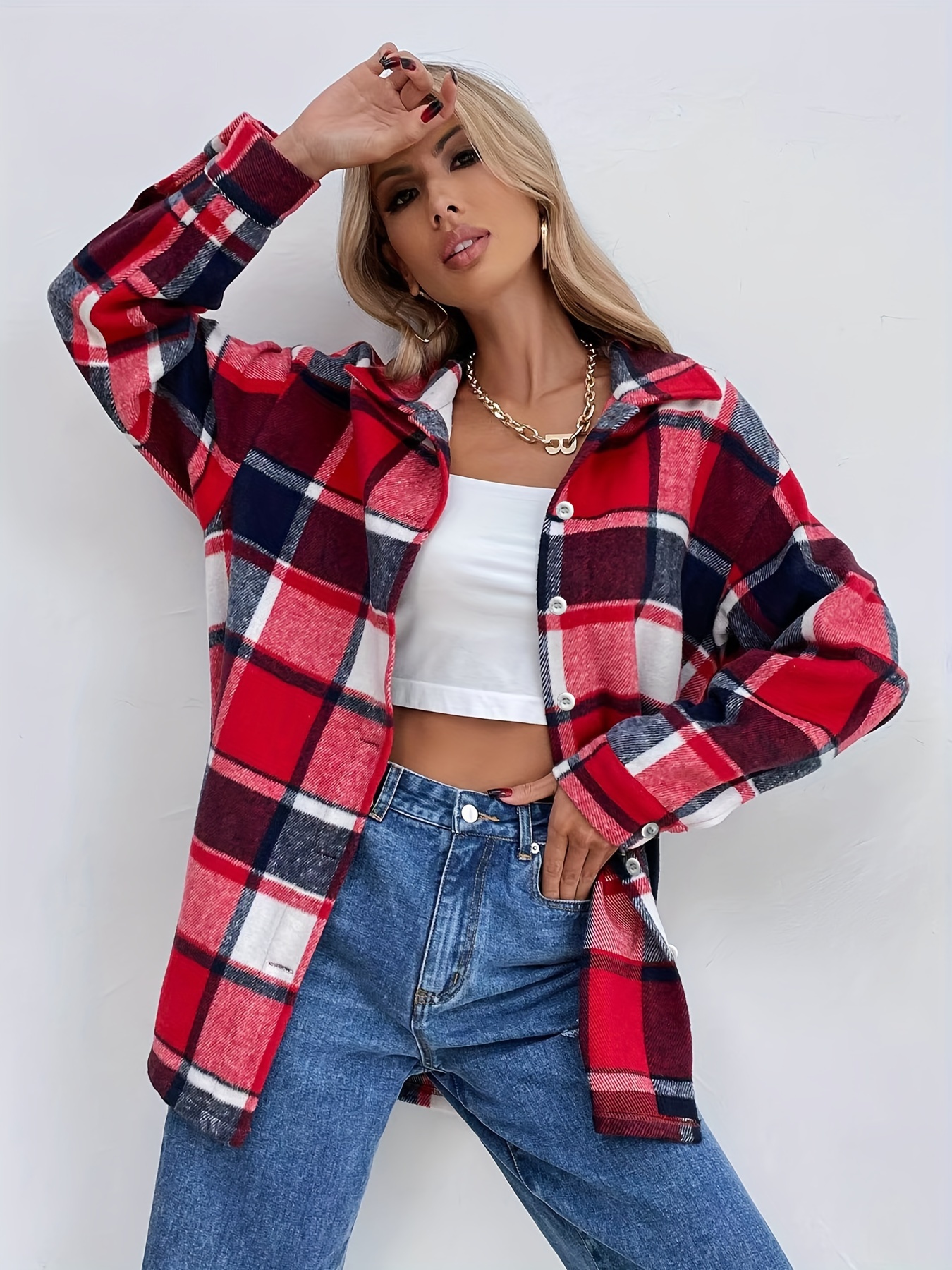 plaid pattern button front shirt casual long sleeve lapel shirt womens clothing details 9