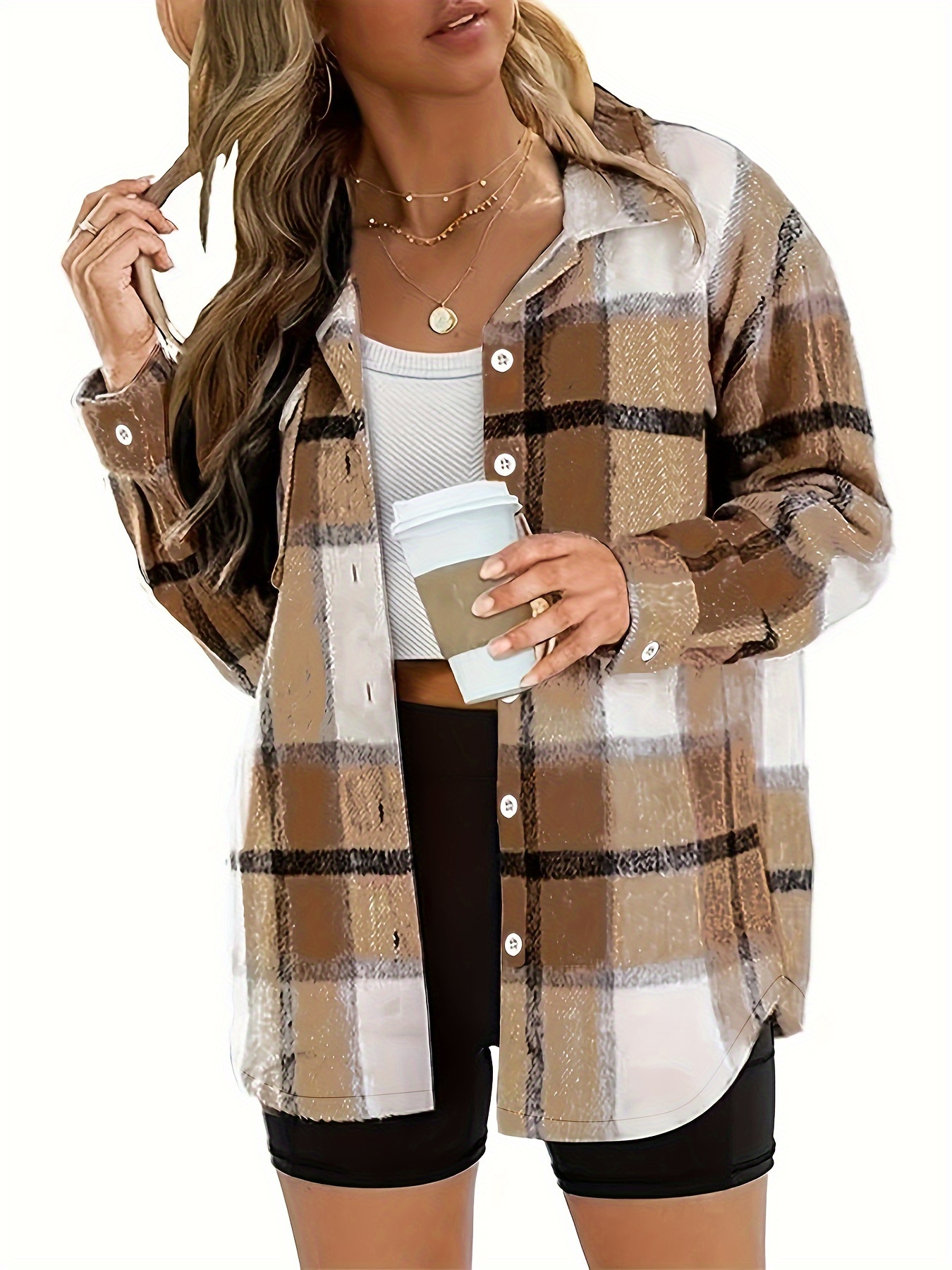 plaid pattern button front shirt casual long sleeve lapel shirt womens clothing details 10