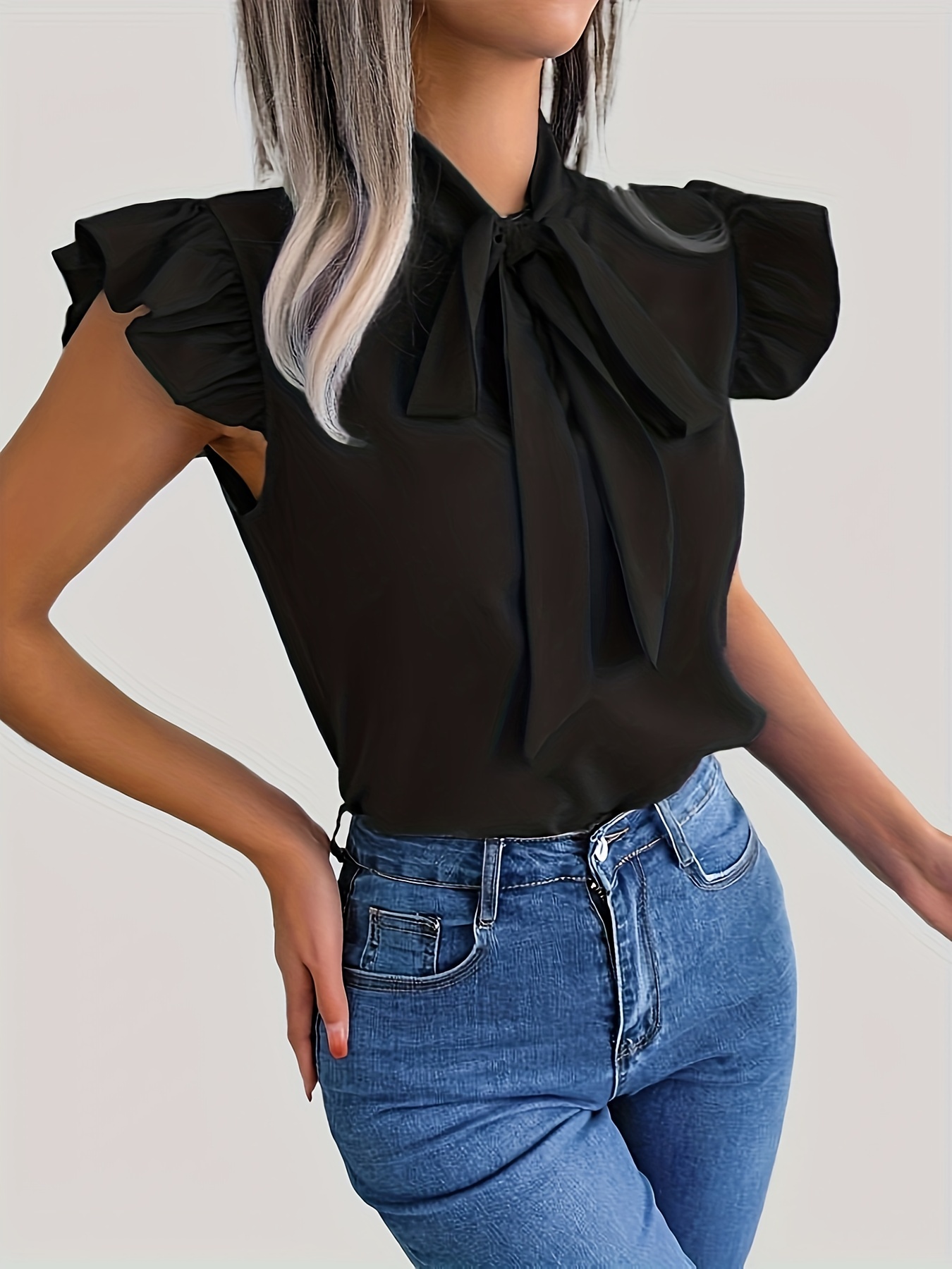 tie neck cap sleeve blouse casual solid ruffle trim blouse womens clothing details 2