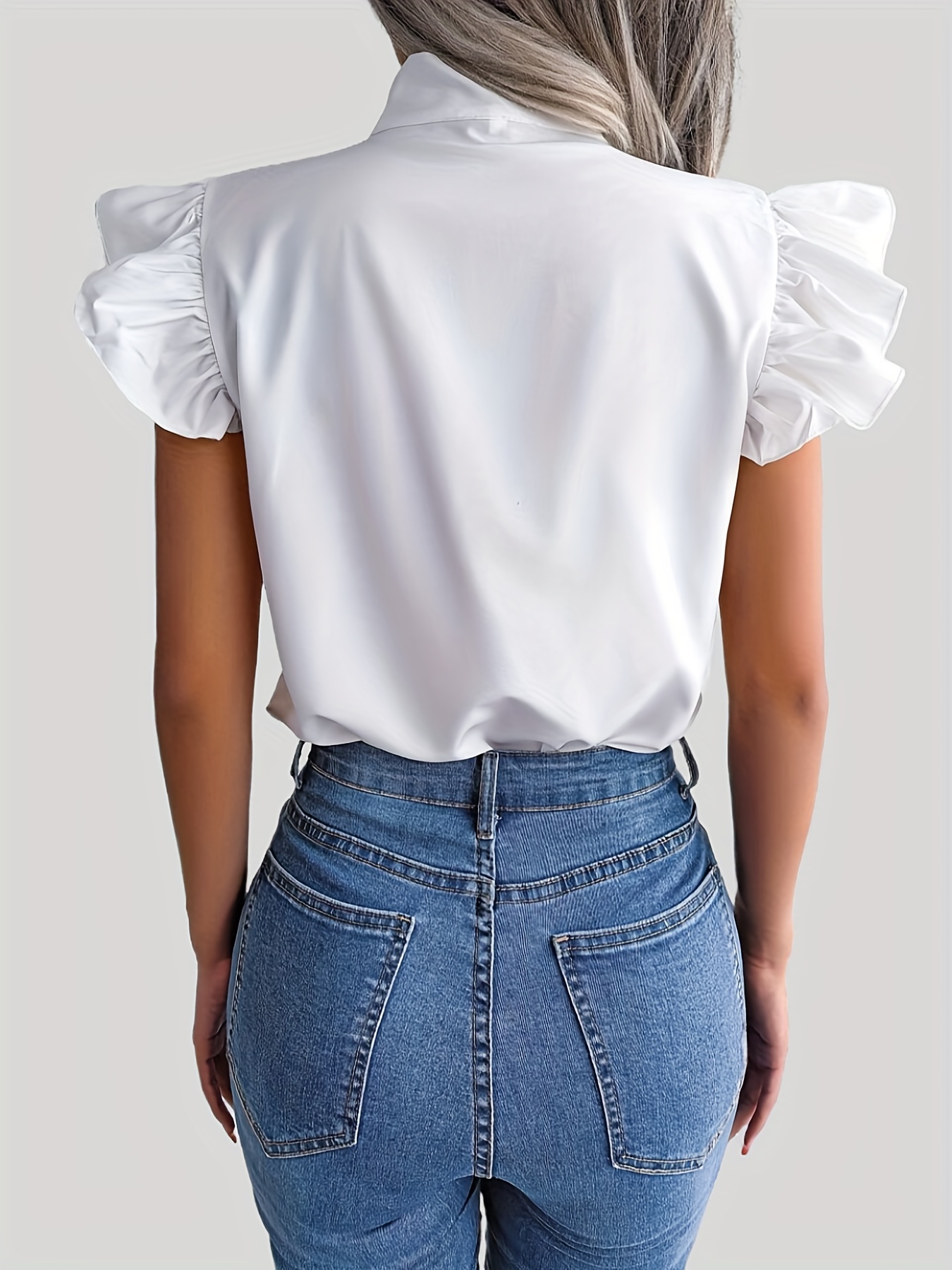 tie neck cap sleeve blouse casual solid ruffle trim blouse womens clothing details 4