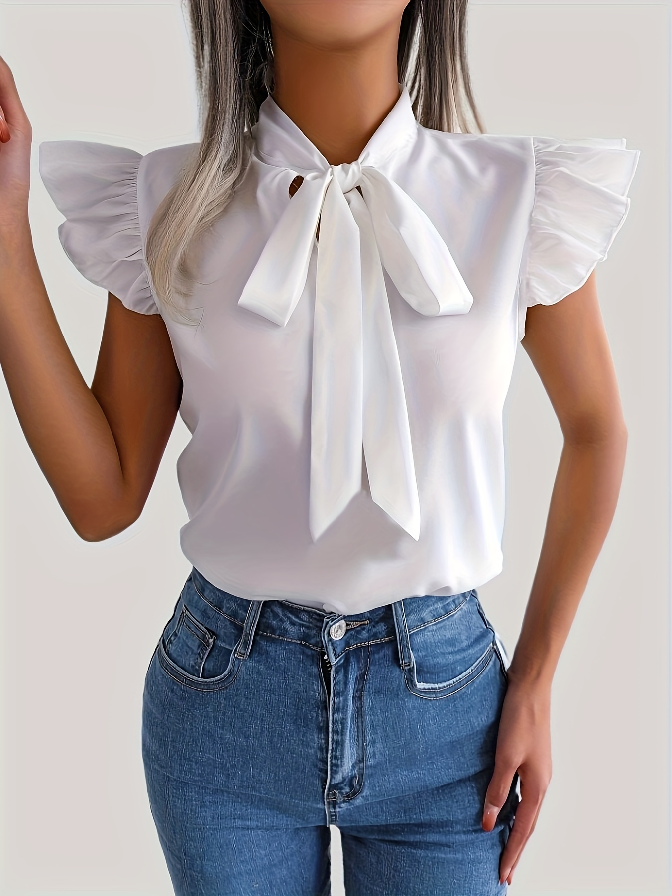 tie neck cap sleeve blouse casual solid ruffle trim blouse womens clothing details 5