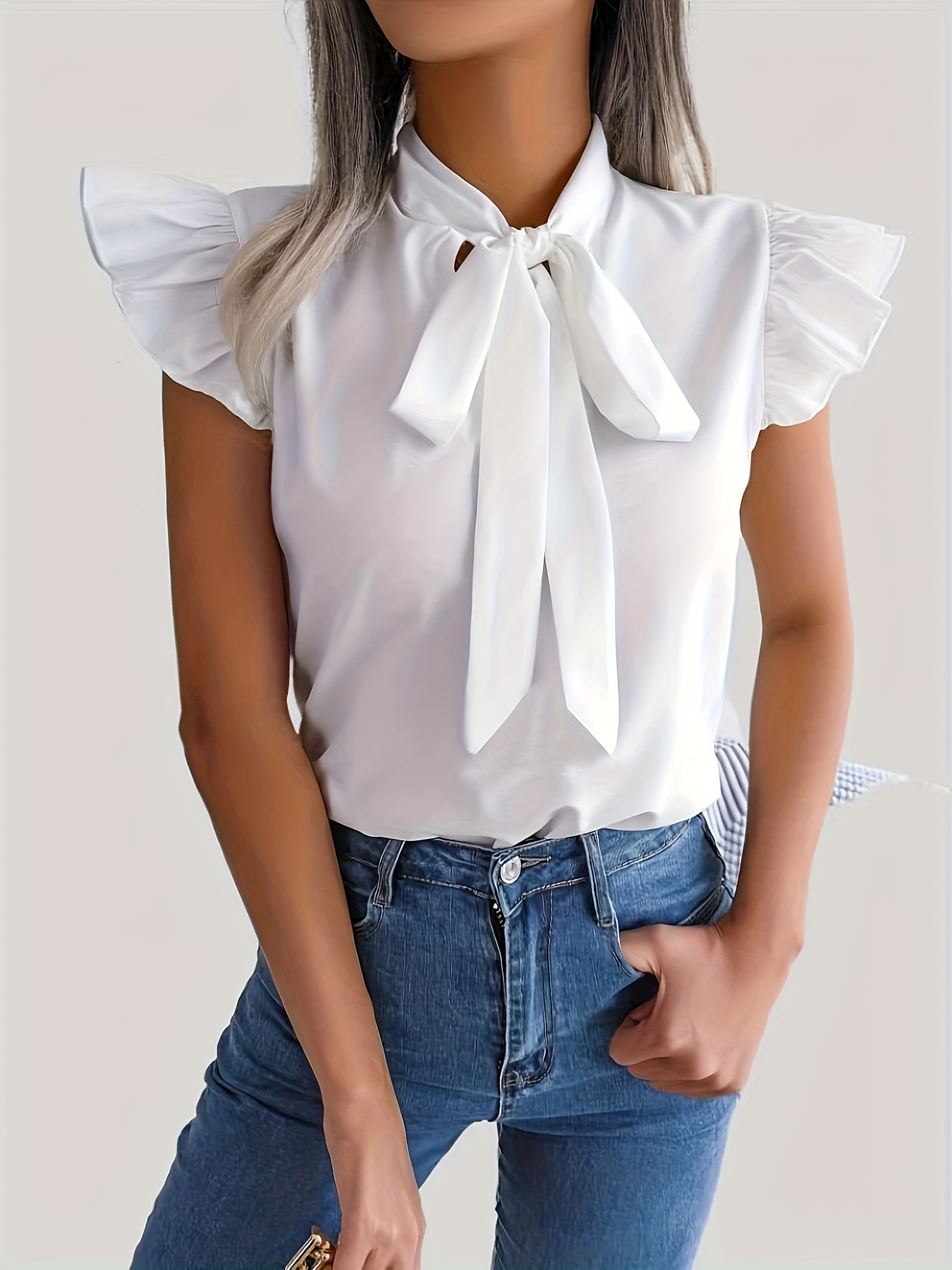 tie neck cap sleeve blouse casual solid ruffle trim blouse womens clothing details 7