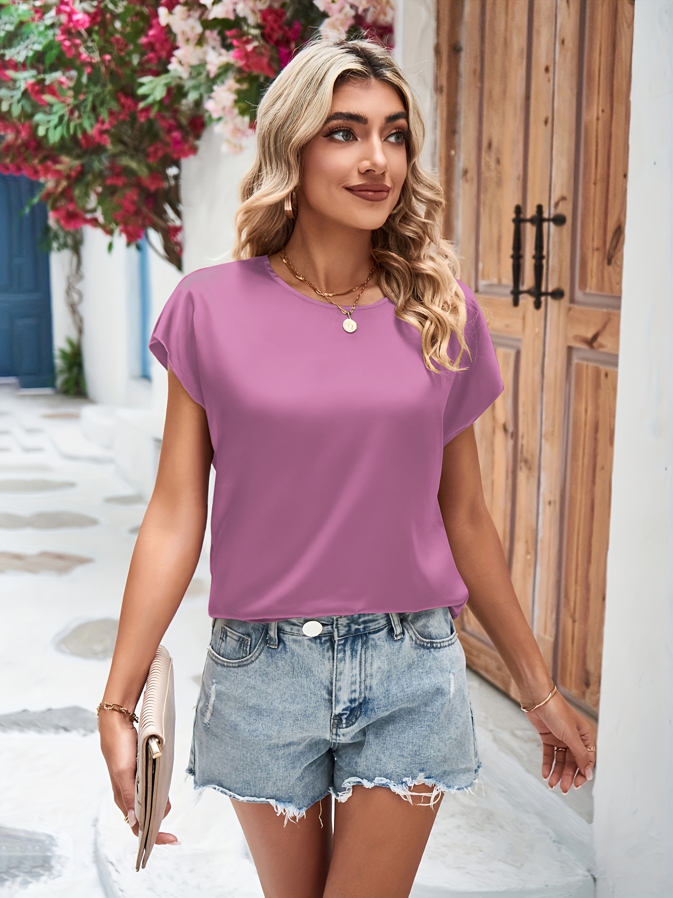 solid simple blouse casual crew neck short sleeve blouse womens clothing details 3