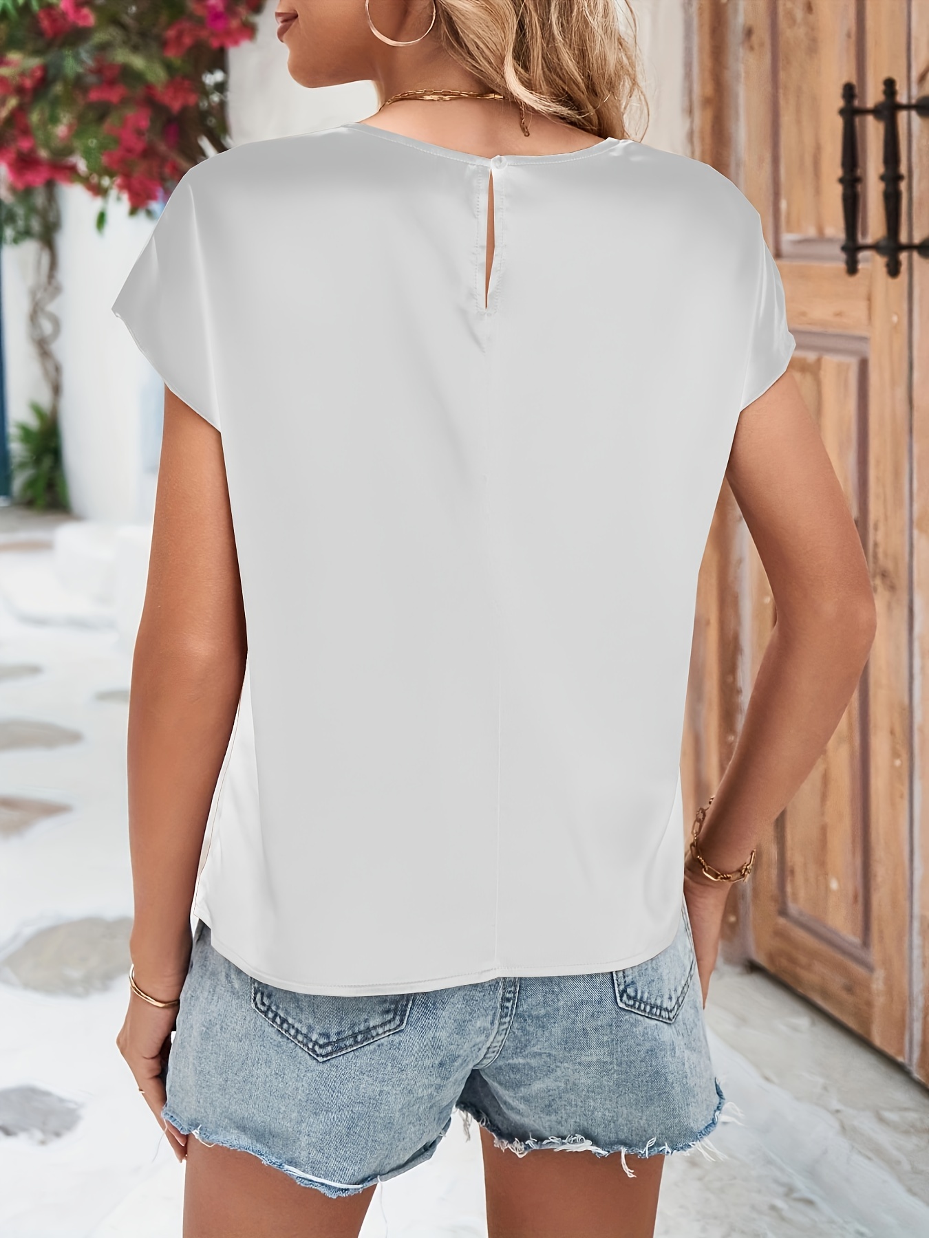 solid simple blouse casual crew neck short sleeve blouse womens clothing details 6