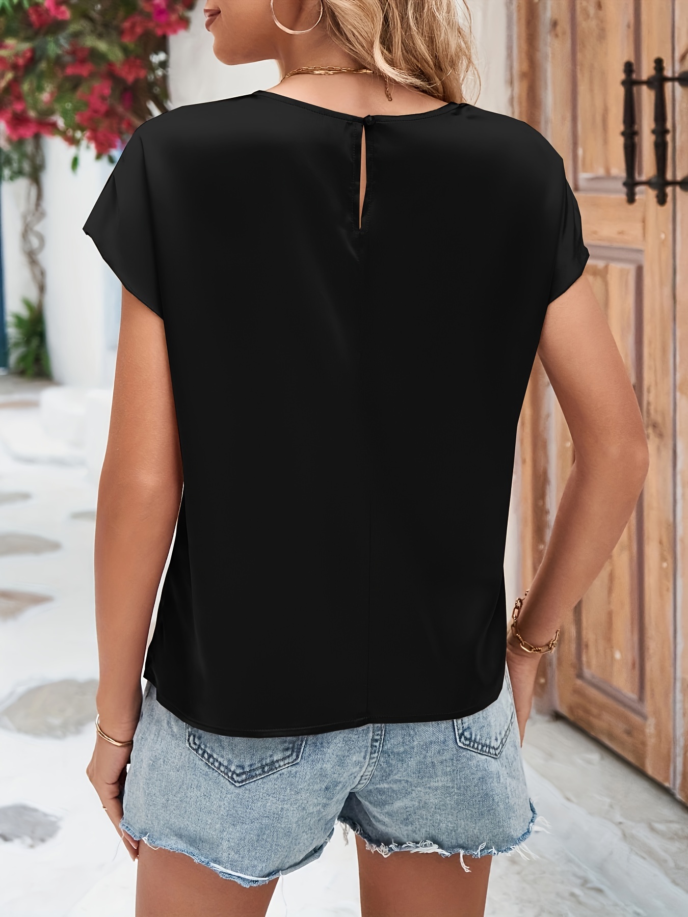 solid simple blouse casual crew neck short sleeve blouse womens clothing details 16