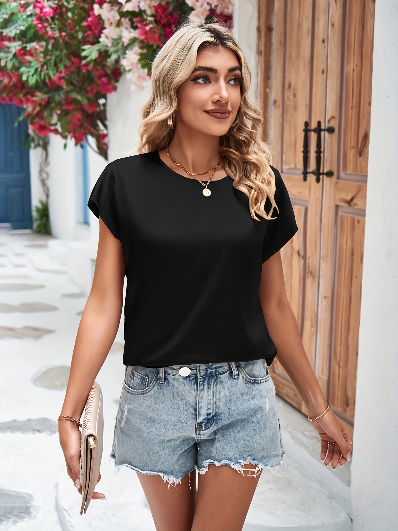 solid simple blouse casual crew neck short sleeve blouse womens clothing details 18