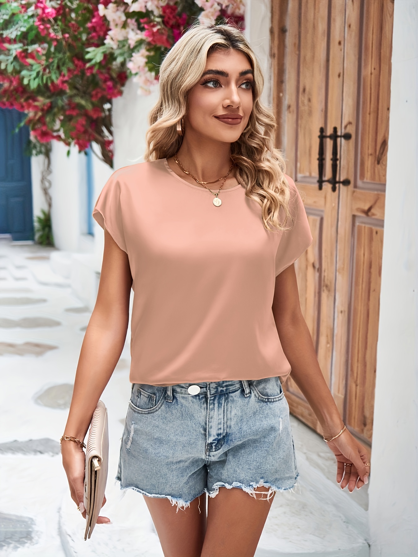 solid simple blouse casual crew neck short sleeve blouse womens clothing details 23